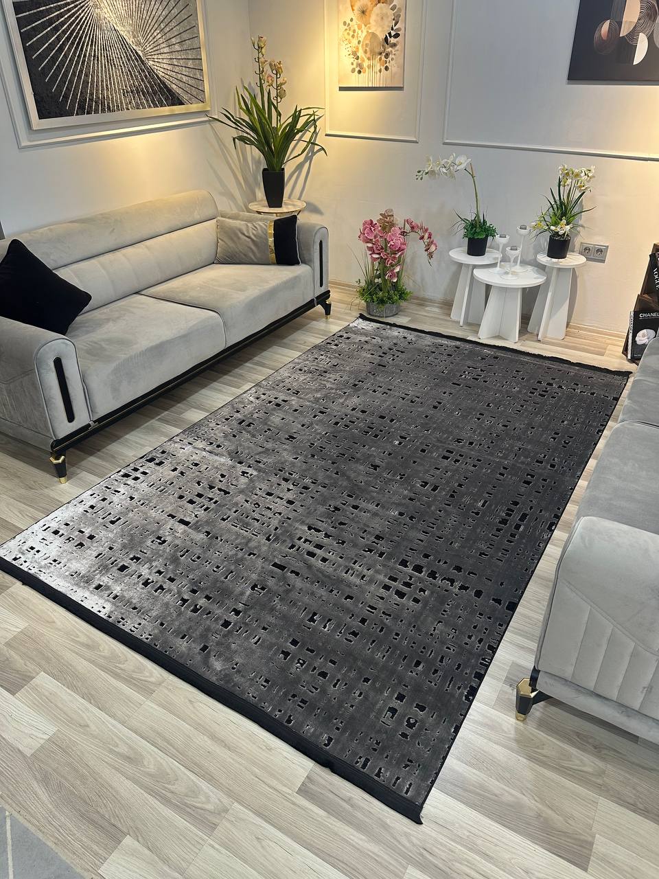 SÜMER KP-178 GRİ Kaymaz Taban Sentetik Bambu Parlak Saten Salon Koridor Mutfak Halısı-KP