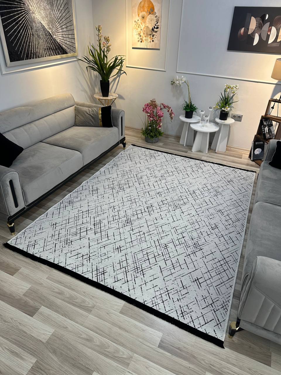 ŞÖNİL HİTİT BEYAZ Kaymaz Taban İskandinav Desenli Salon Koridor Mutfak Şönil Kilim Dokuma Halı-KP