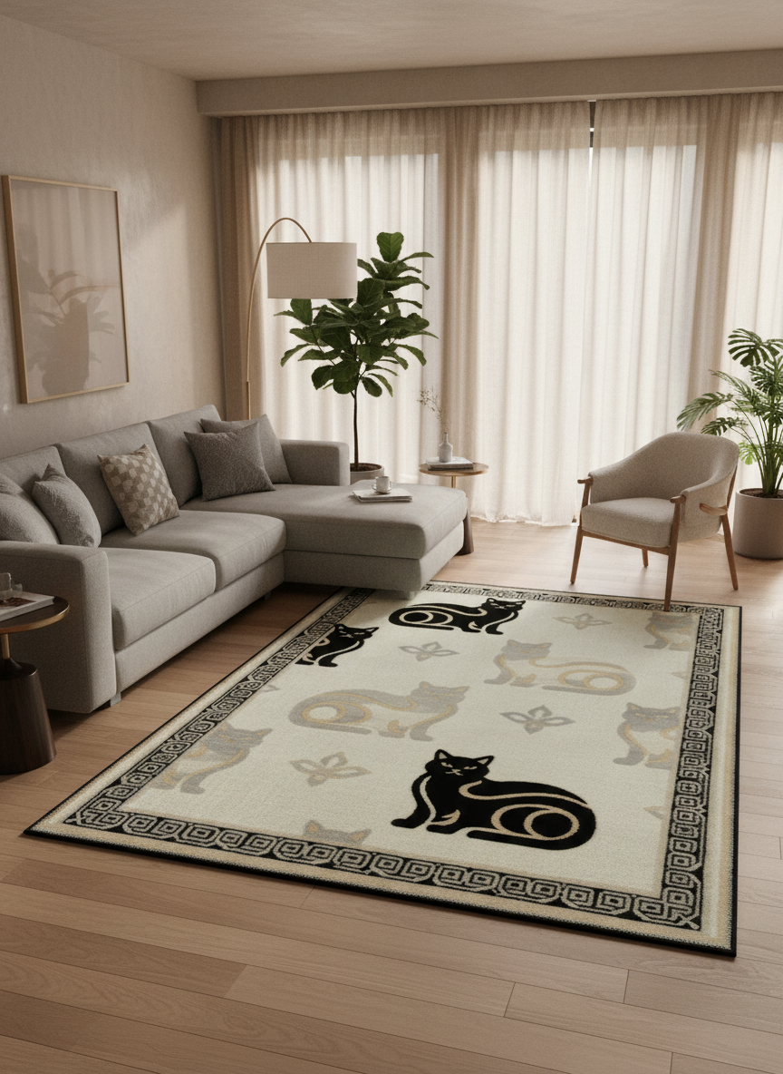 Arte KD0015 Kedi Desenli Pati Dostu Hayvanseverler İçin Dekoratif Halı