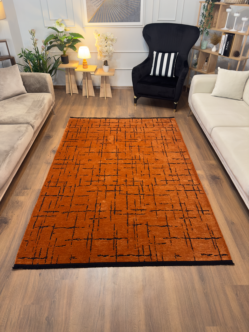 ŞÖNİL HÜNKAR Kaymaz Taban İskandinav Desenli Salon Koridor Mutfak Şönil Kilim Dokuma Halı-KİREMİT