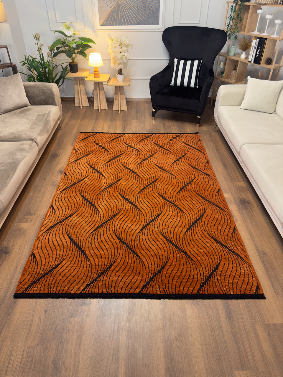 ŞÖNİL FERİ Kaymaz Taban İskandinav Desenli Salon Koridor Mutfak Şönil Kilim Dokuma Halı-KİREMİT