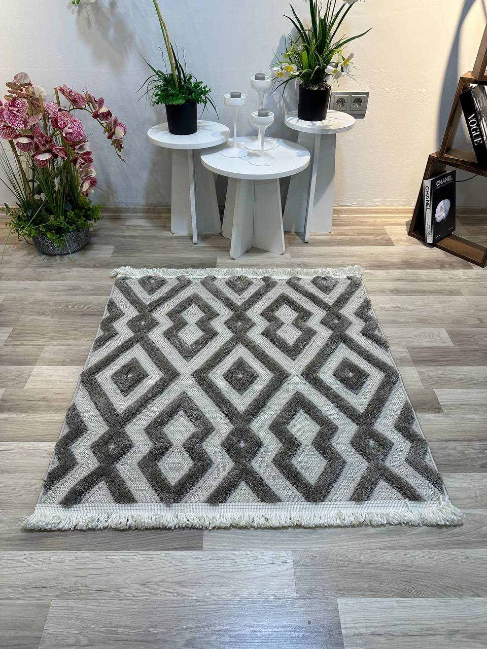 OSLO KP-135 GRİ Yumuşak Bukle (Loop) Geometrik Desenli Salon Halısı-KP