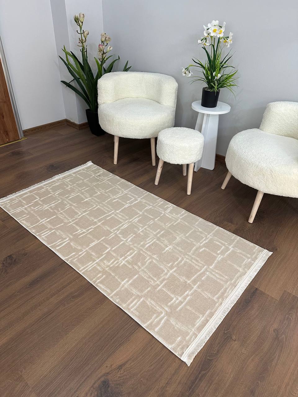 SÜMER KP-162 VİZON Kaymaz Taban Sentetik Bambu Parlak Saten Salon Koridor Mutfak Halısı-KP