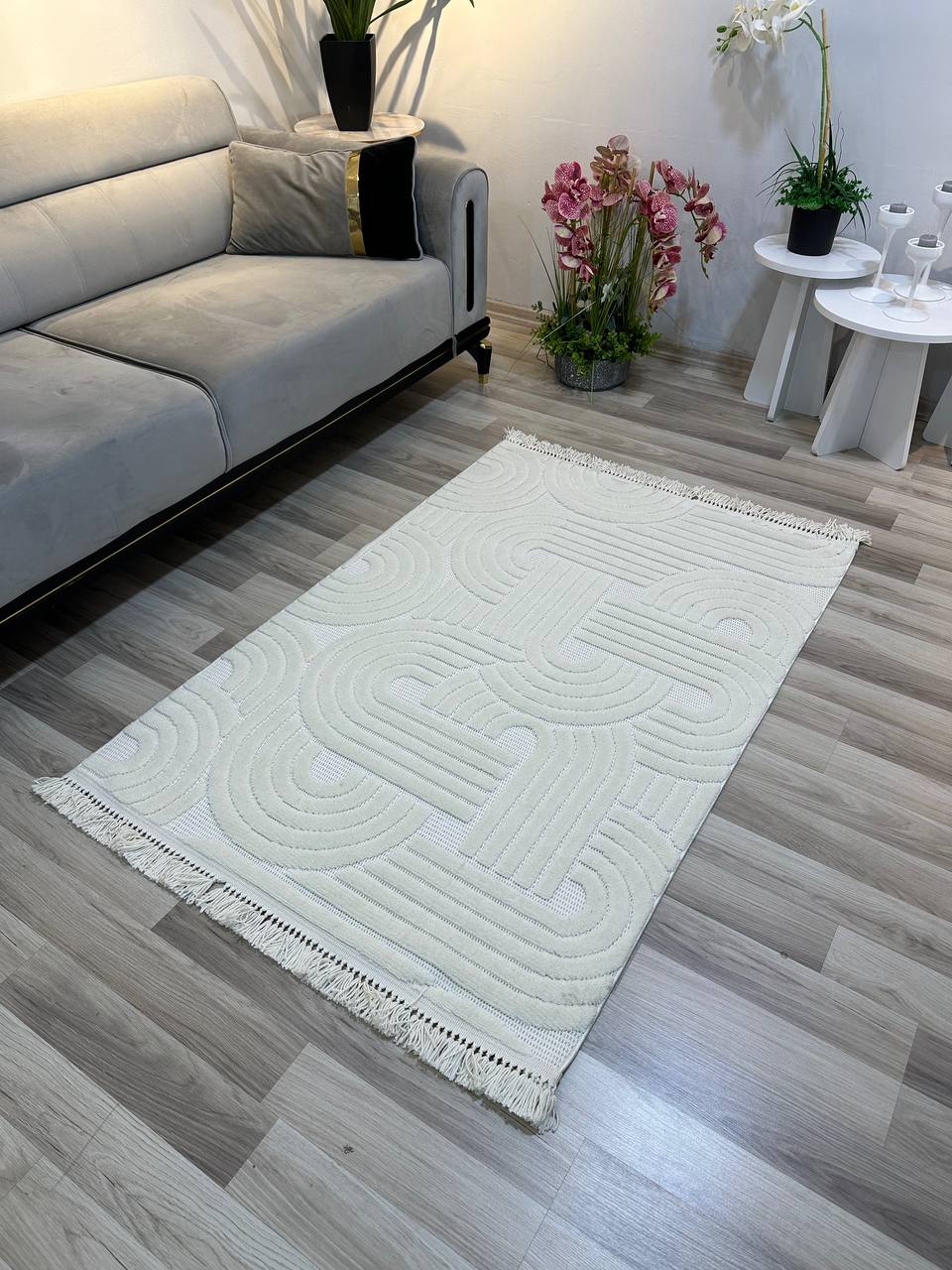 MİLAS C40 KREM Kabartmalı Kaymaz Taban Modern Geometrik Desenli Salon Koridor Mutfak Halısı-KP