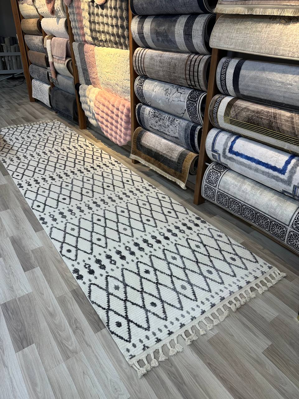 MİLANO G902 GRİ BEYAZİ Modern Çerçeve Desenli Yumuşak Salon Koridor Mutfak Makine Dokuma Halısı-KP