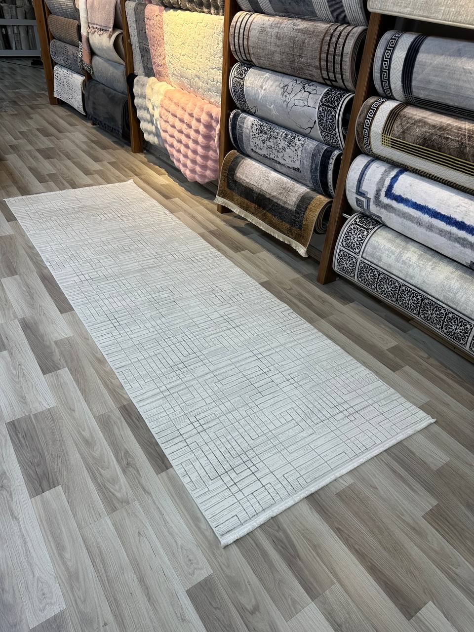 SÜMER KP-161 GRİ KREM Kaymaz Taban Sentetik Bambu Parlak Saten Salon Koridor Mutfak Halısı-KP