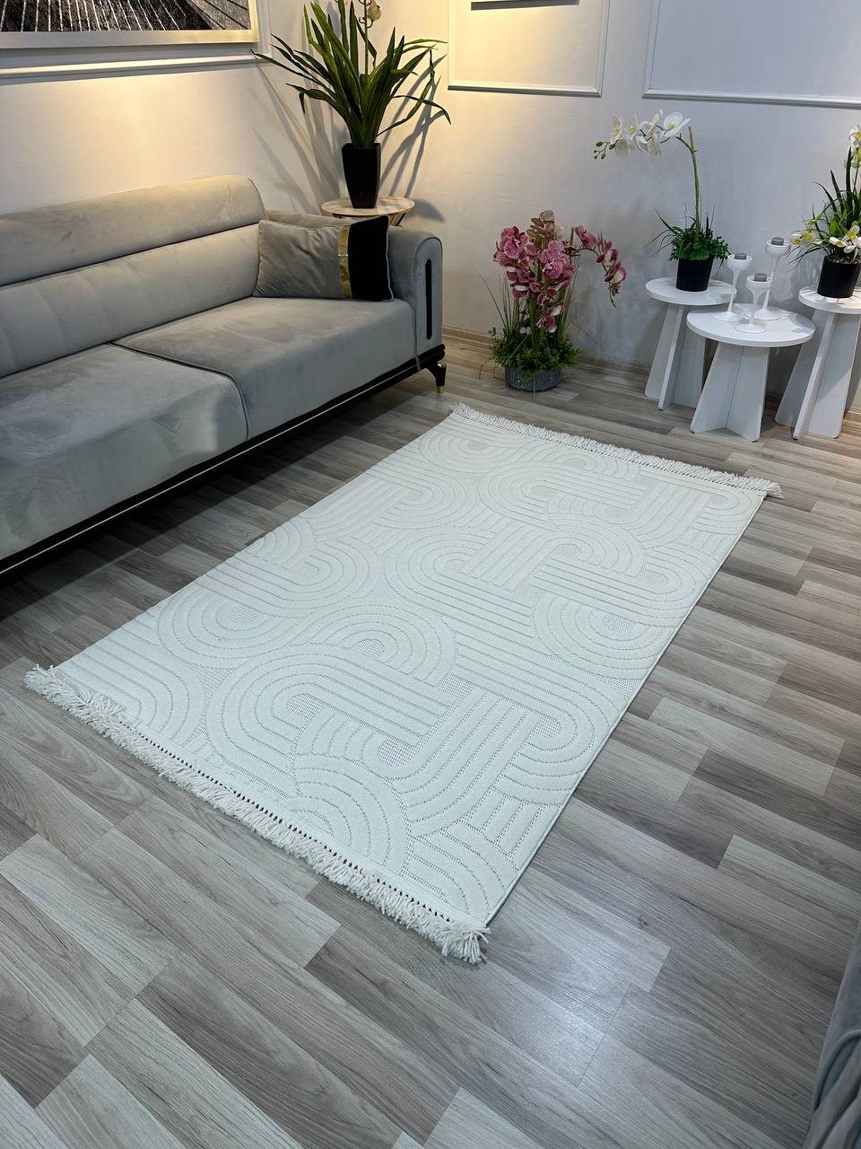 MİLAS C40 KREM Kabartmalı Kaymaz Taban Modern Geometrik Desenli Salon Koridor Mutfak Halısı-KP
