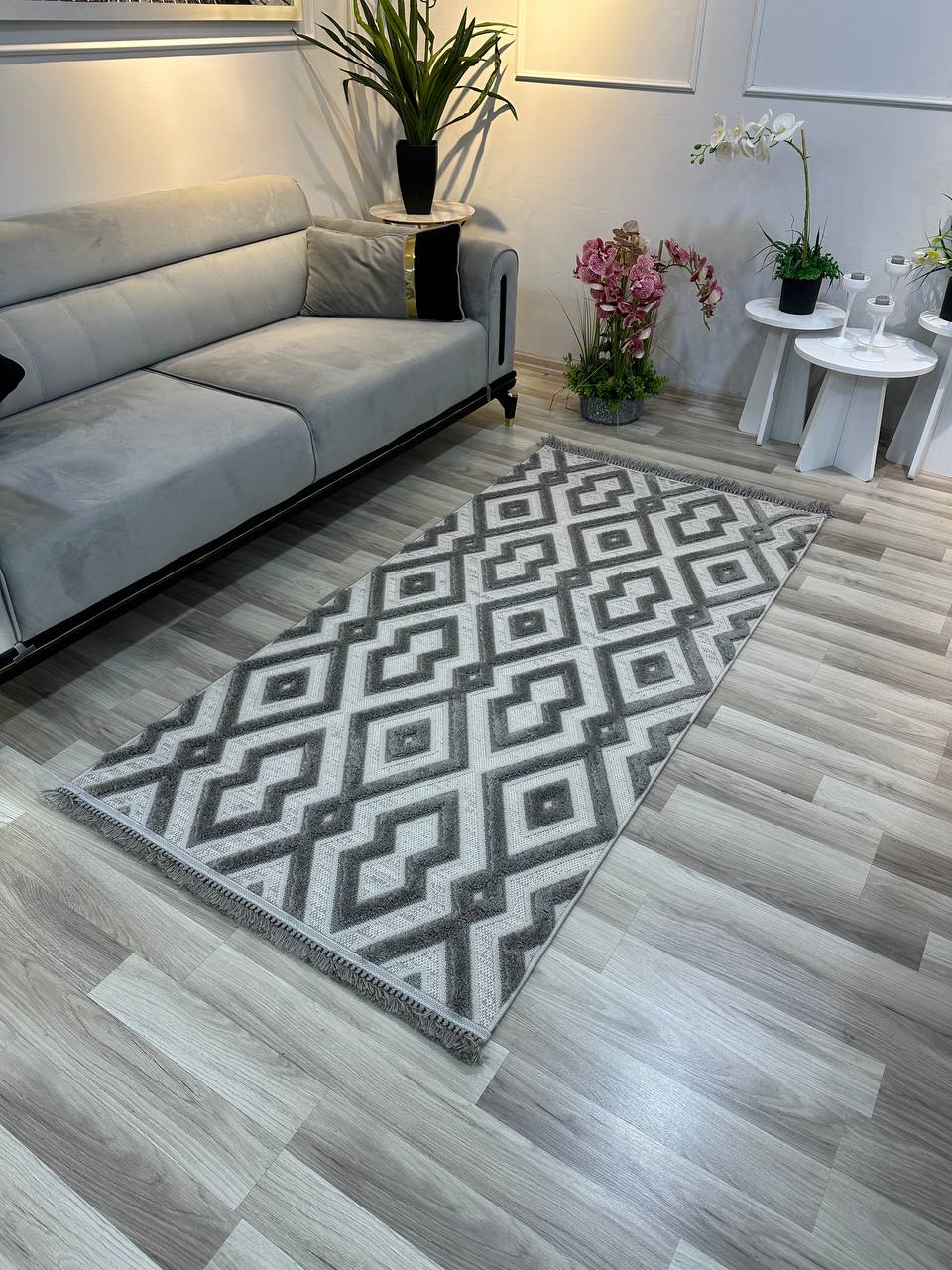 OSLO KP-135 GRİ Yumuşak Bukle (Loop) Geometrik Desenli Salon Halısı-KP
