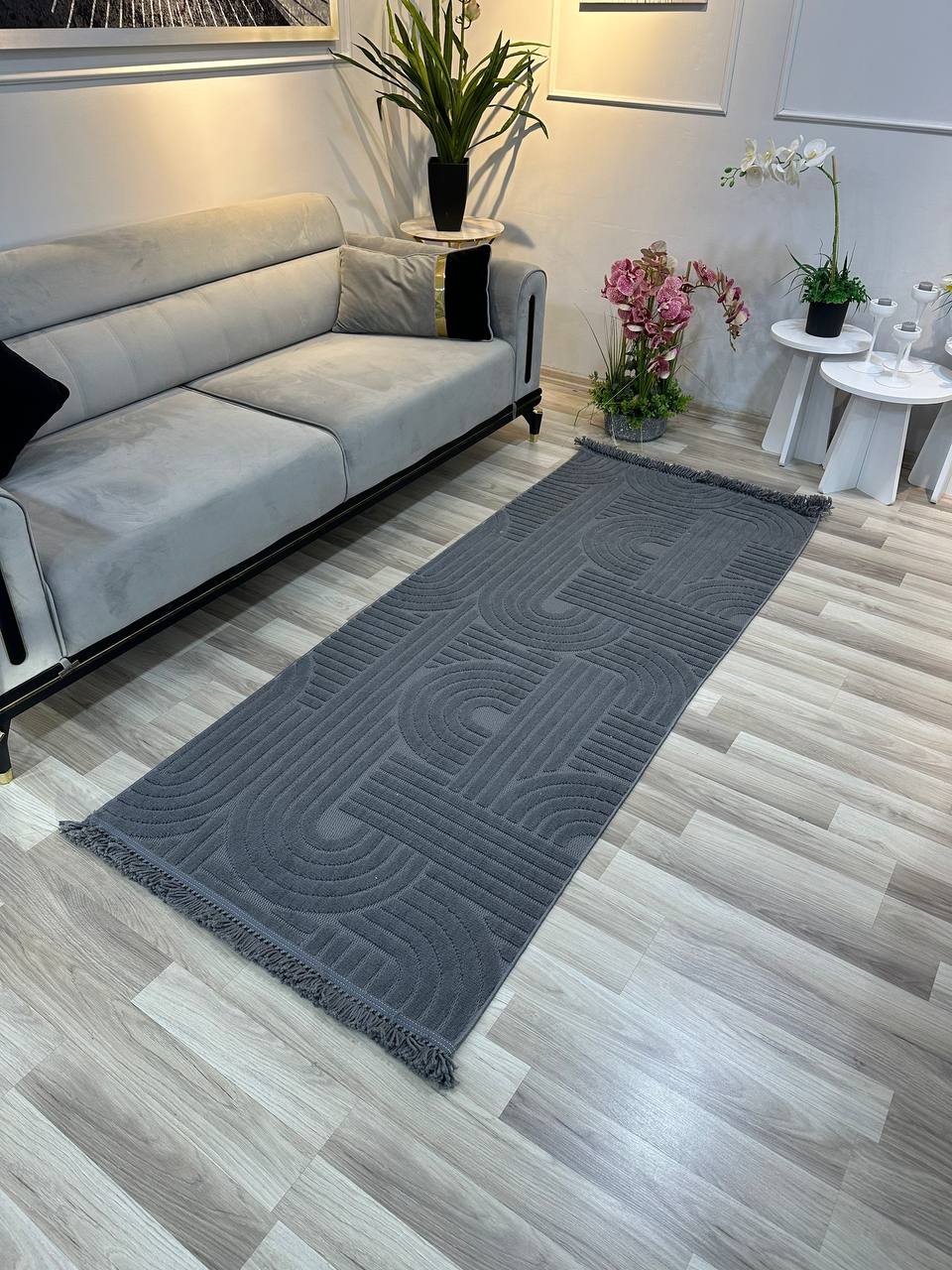 MİLAS C16 ANTRASİT Kabartmalı Kaymaz Taban Modern Geometrik Desenli Salon Koridor Mutfak Halısı-KP