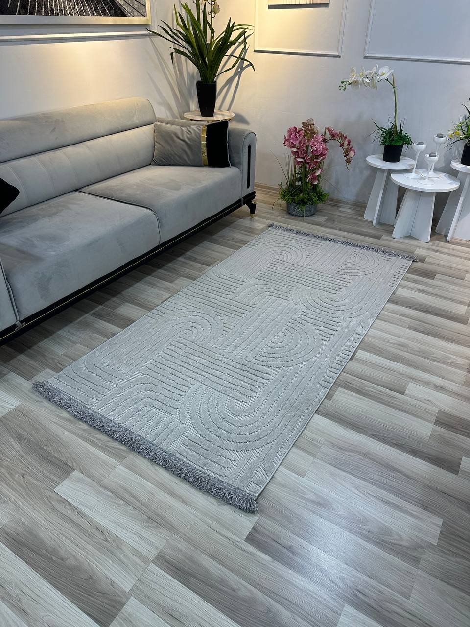 MİLAS C42 GRİ Kabartmalı Kaymaz Taban Modern Geometrik Desenli Salon Koridor Mutfak Halısı-KP
