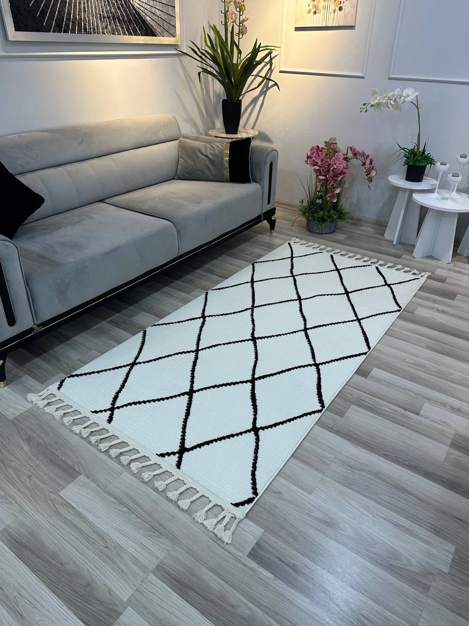 MİLANO G901 BEYAZ Modern Çerçeve Desenli Yumuşak Salon Koridor Mutfak Makine Dokuma Halısı-KP