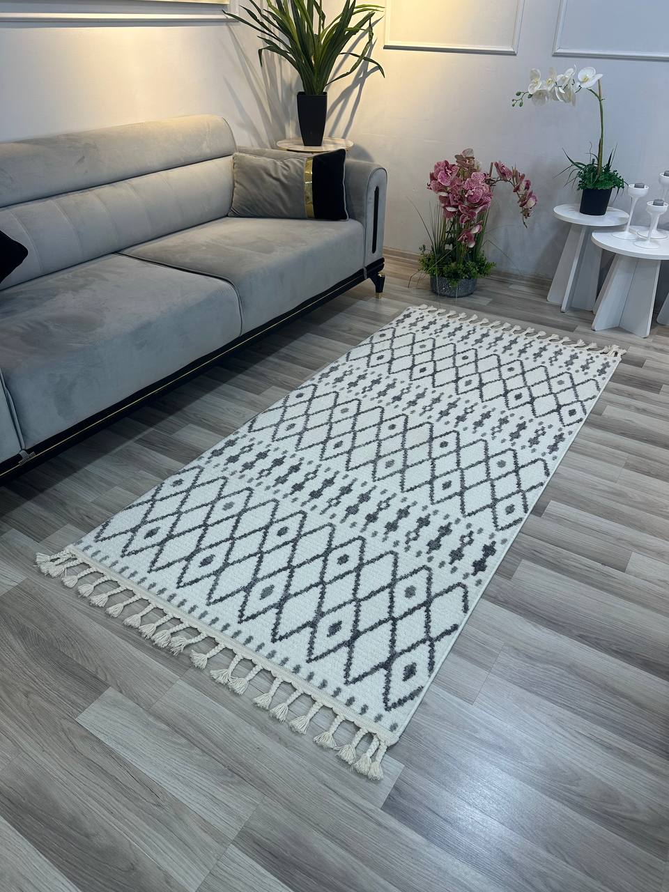 MİLANO G902 GRİ BEYAZİ Modern Çerçeve Desenli Yumuşak Salon Koridor Mutfak Makine Dokuma Halısı-KP