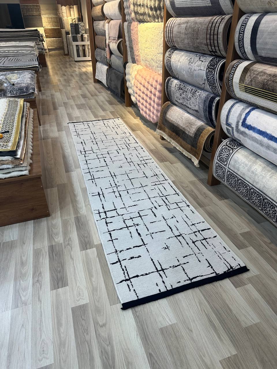 ŞÖNİL HÜNKAR BEYAZ Kaymaz Taban İskandinav Desenli Salon Koridor Mutfak Şönil Kilim Dokuma Halı-KP
