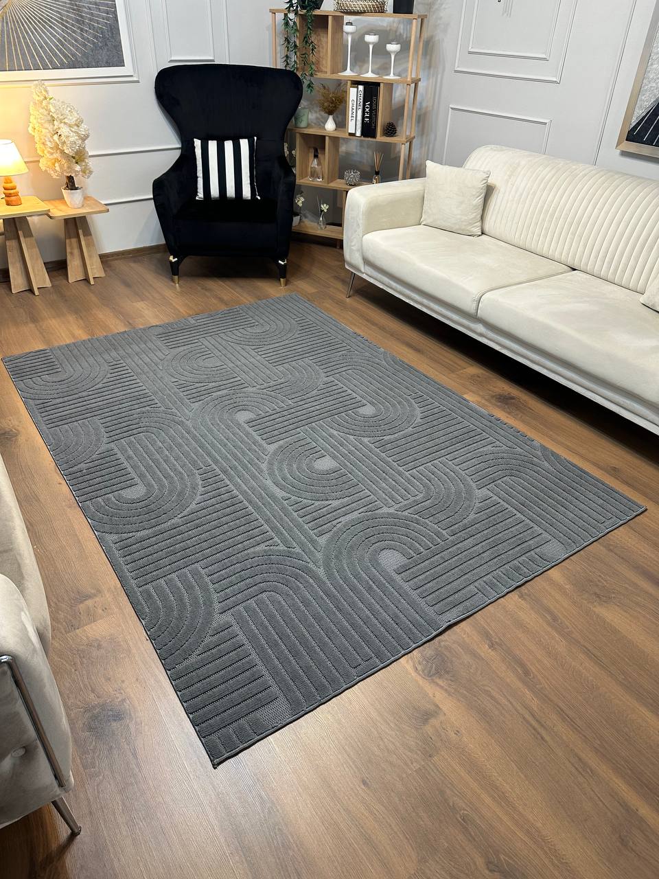 MİLAS C16 ANTRASİT Kabartmalı Kaymaz Taban Modern Geometrik Desenli Salon Koridor Mutfak Halısı-KP