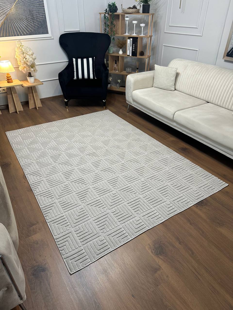 MİLAS KP-131 GRİ Kabartmalı Kaymaz Taban Modern Geometrik Desenli Salon Koridor Mutfak Halısı-KP