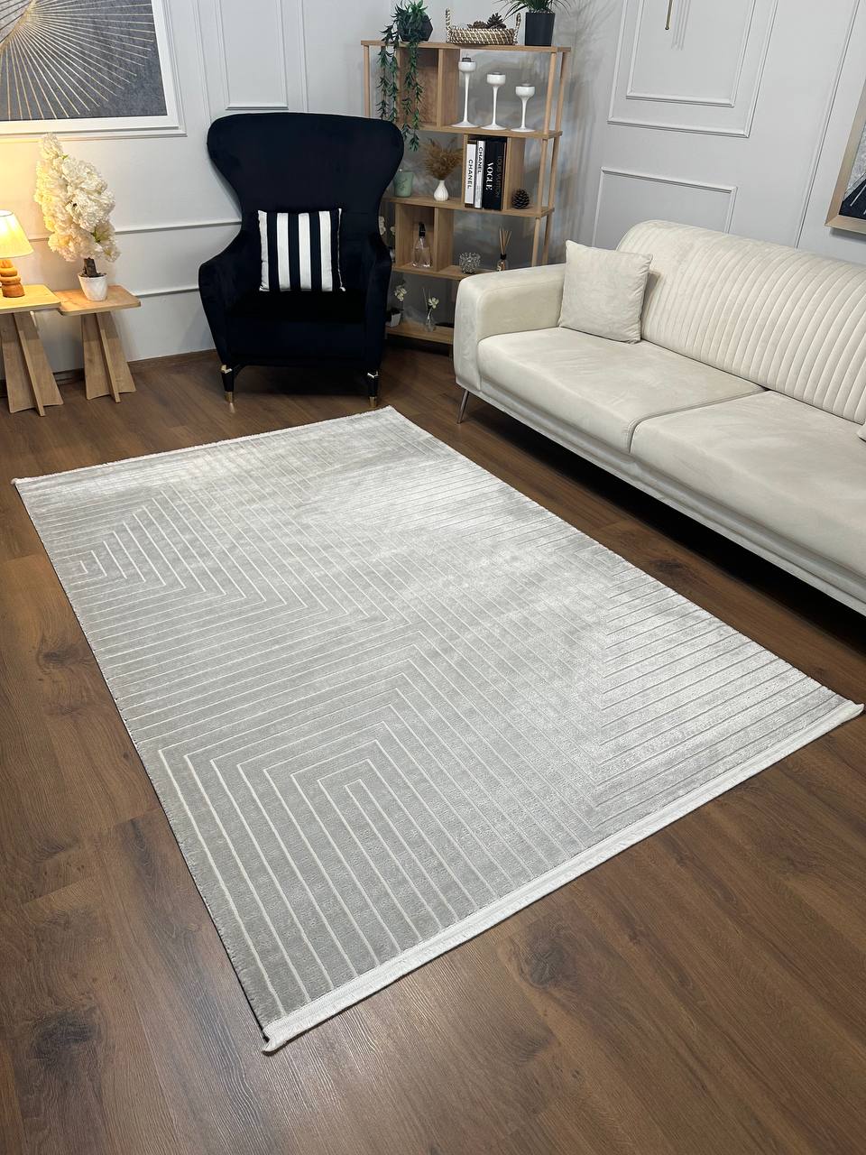 MİLANO E102 GRİ Modern Çerçeve Desenli Yumuşak Salon Koridor Mutfak Makine Dokuma Halısı-KP