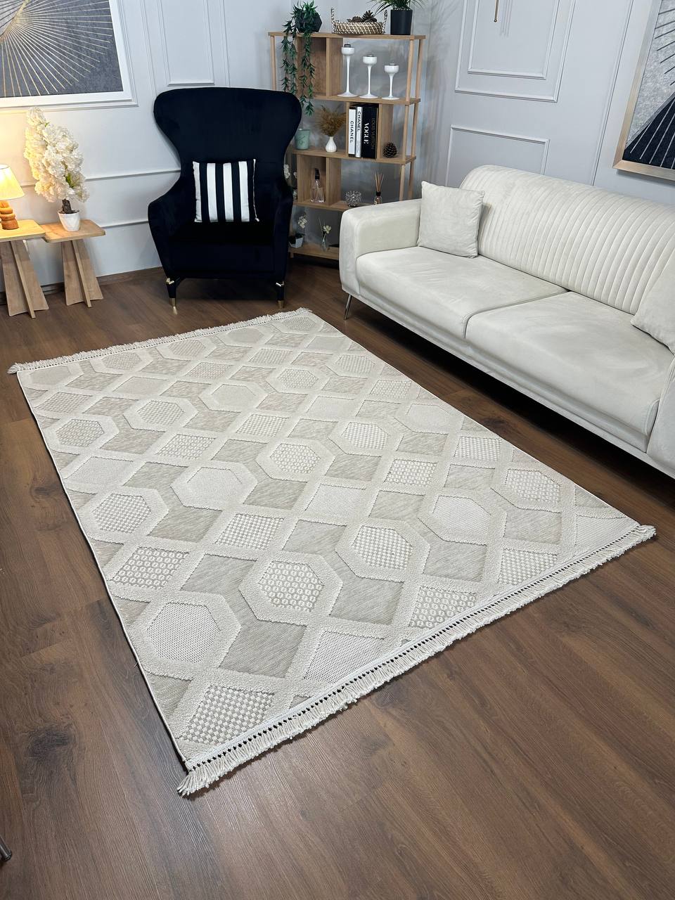 PALERMO KP-143 BEJ Kabartmalı Modern Desenli Salon Halısı-KP