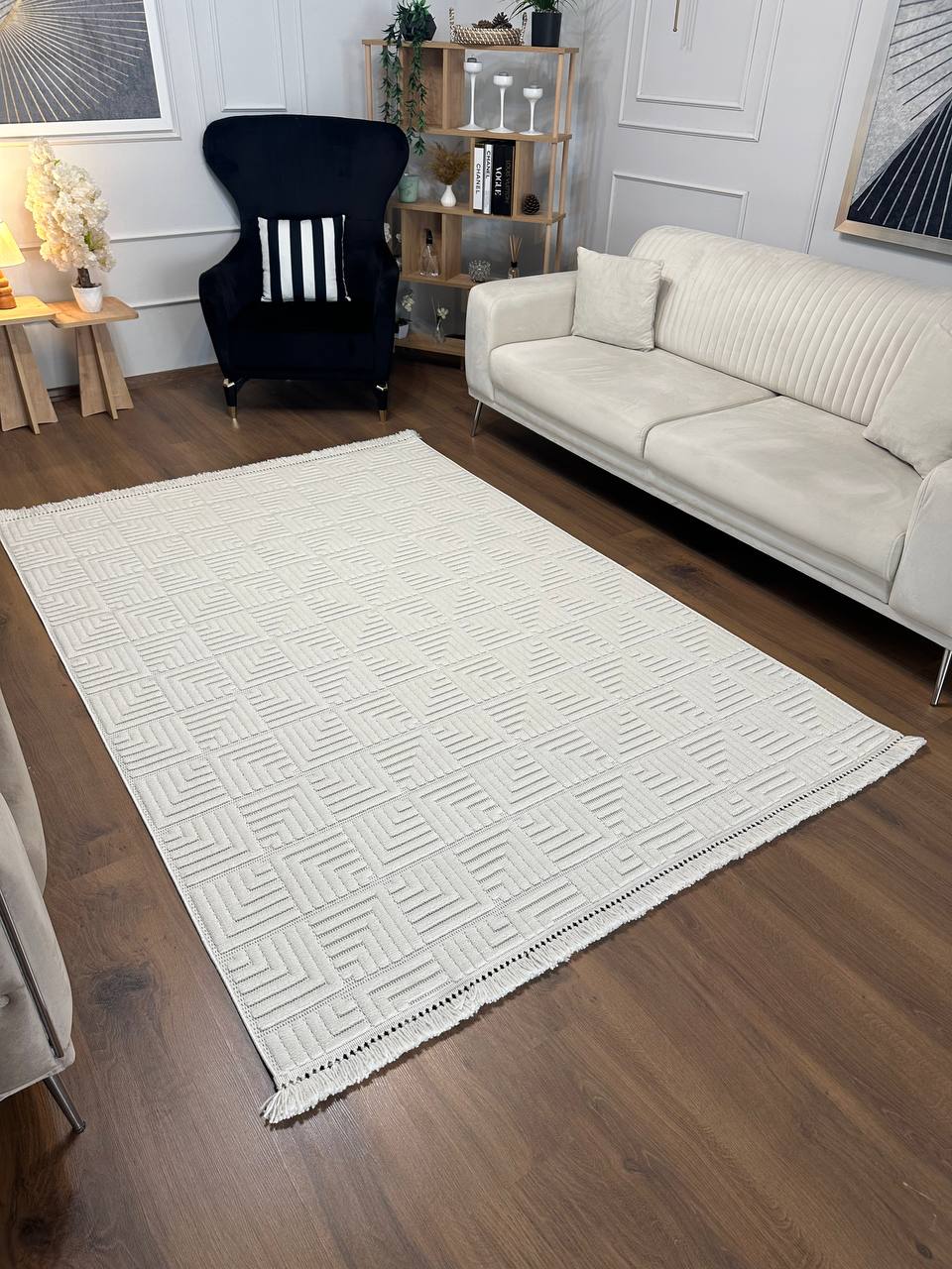 MİLAS KP-132 KREM Kabartmalı Kaymaz Taban Modern Geometrik Desenli Salon Koridor Mutfak Halısı-KP