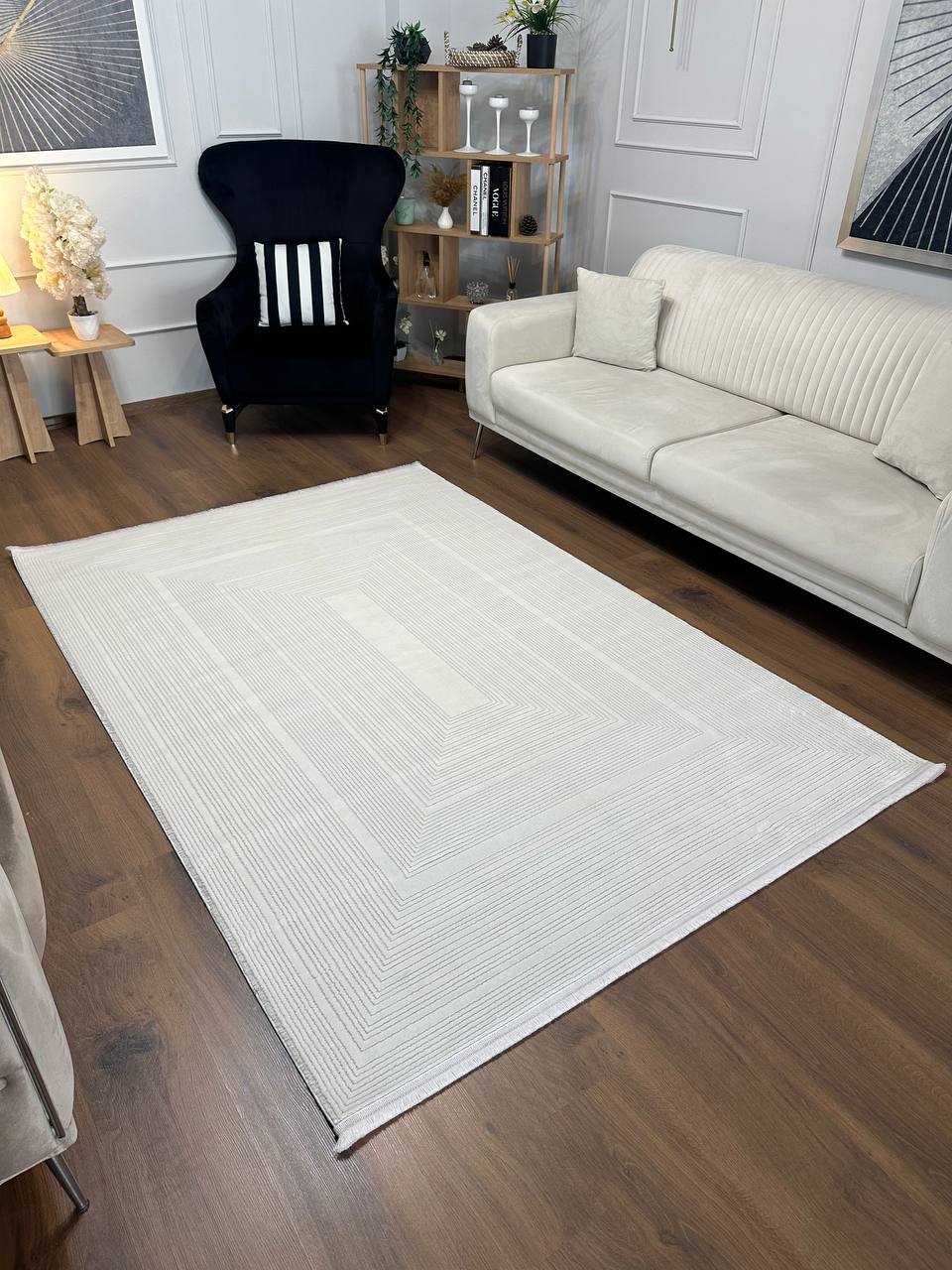 MİLANO E101 KREM Modern Çerçeve Desenli Yumuşak Salon Koridor Mutfak Makine Dokuma Halısı-KP