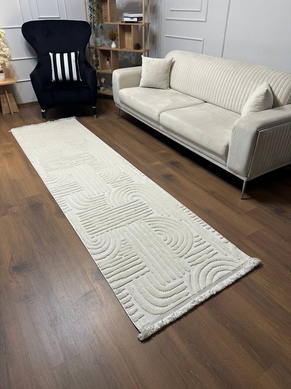 MİLAS C40 KREM Kabartmalı Kaymaz Taban Modern Geometrik Desenli Salon Koridor Mutfak Halısı-KP