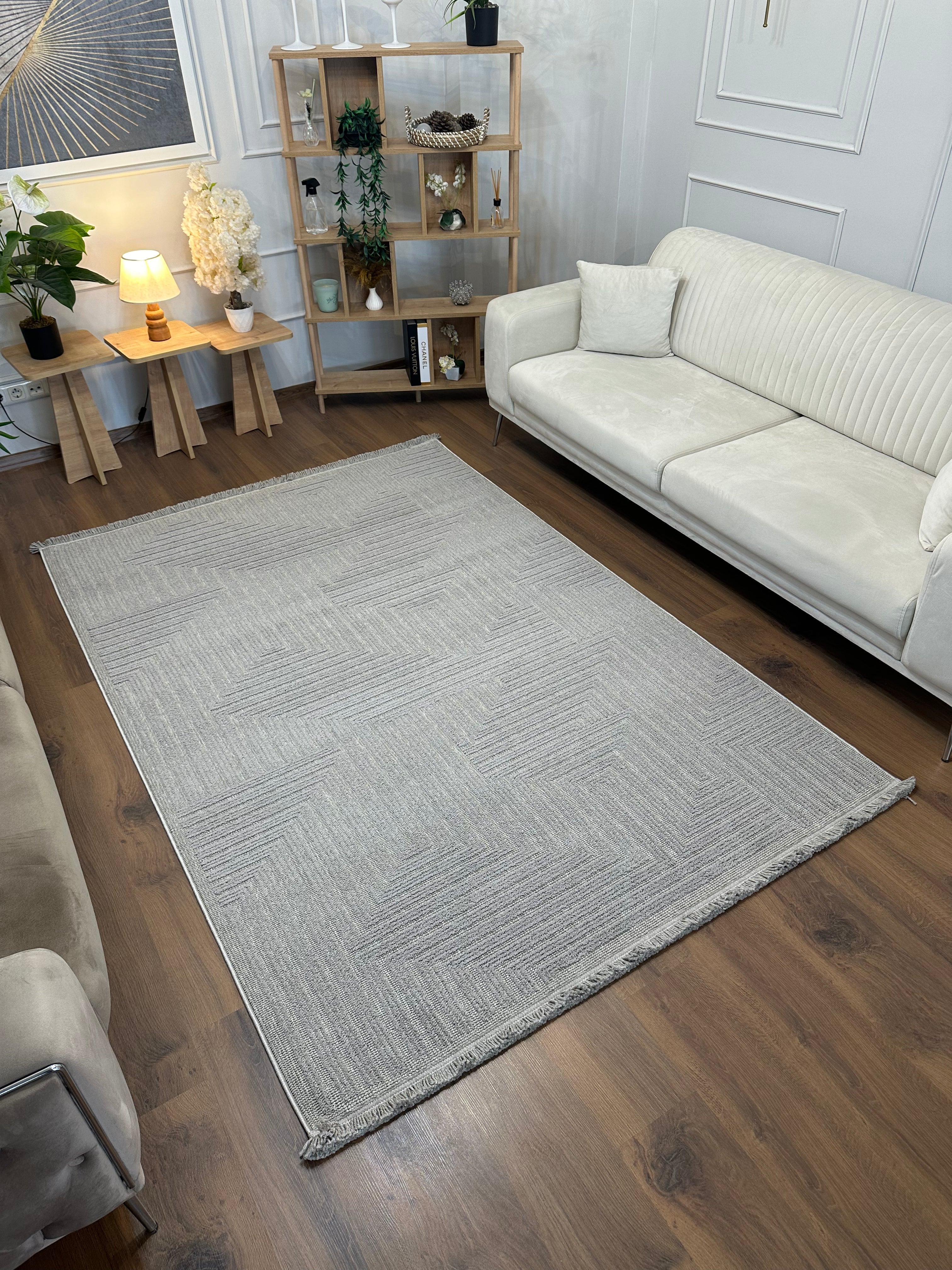 İCON T-LP05 GRİ Kabartmalı Modern Geometrik Desenli Salon Halısı