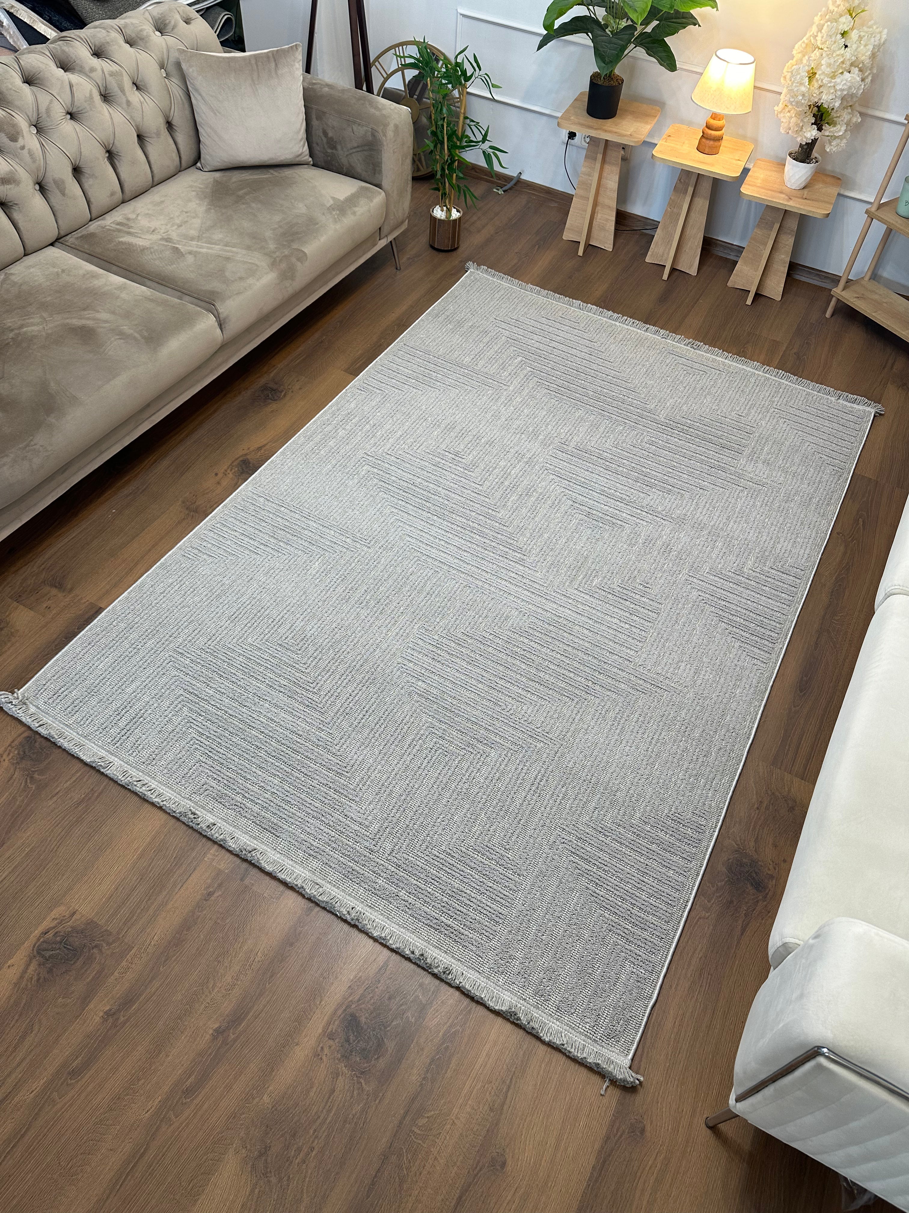 İCON T-LP05 GRİ Kabartmalı Modern Geometrik Desenli Salon Halısı
