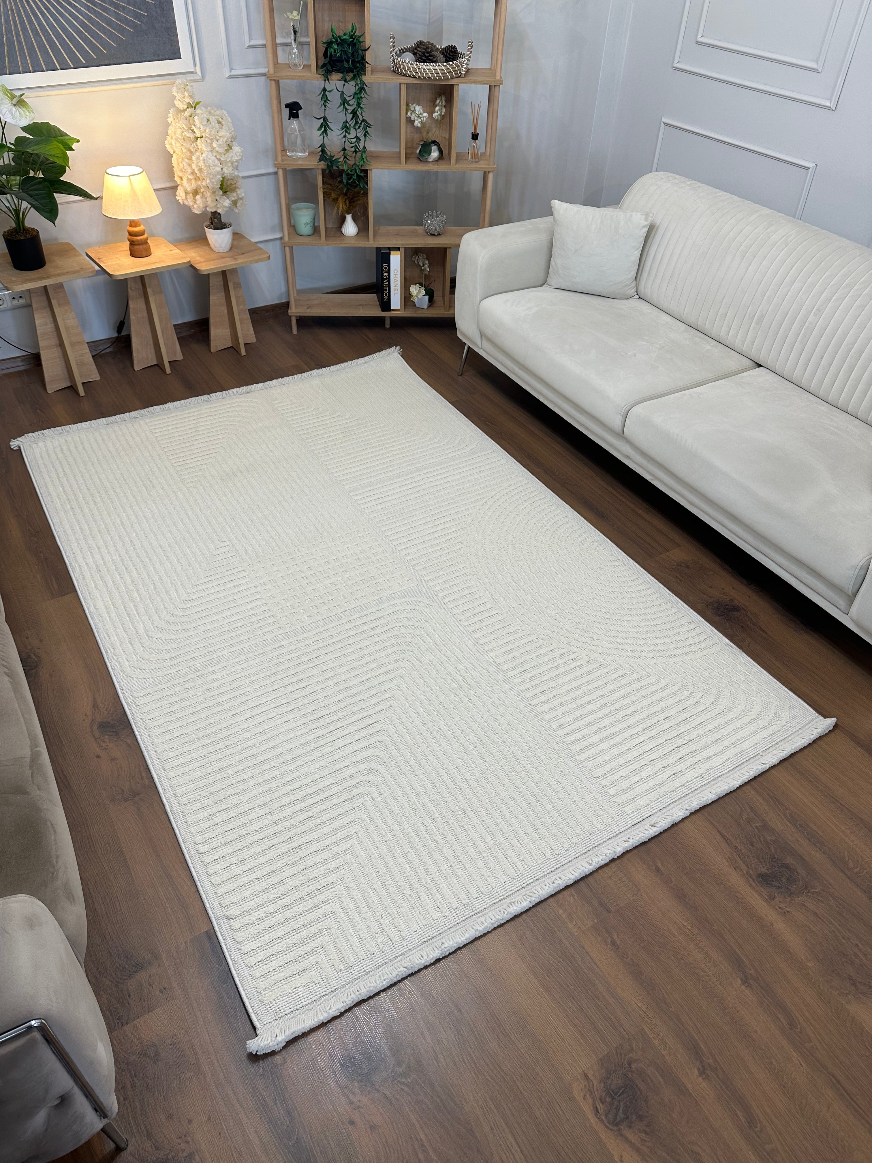 İCON T-LP04 KREM Kabartmalı Modern Geometrik Desenli Salon Halısı