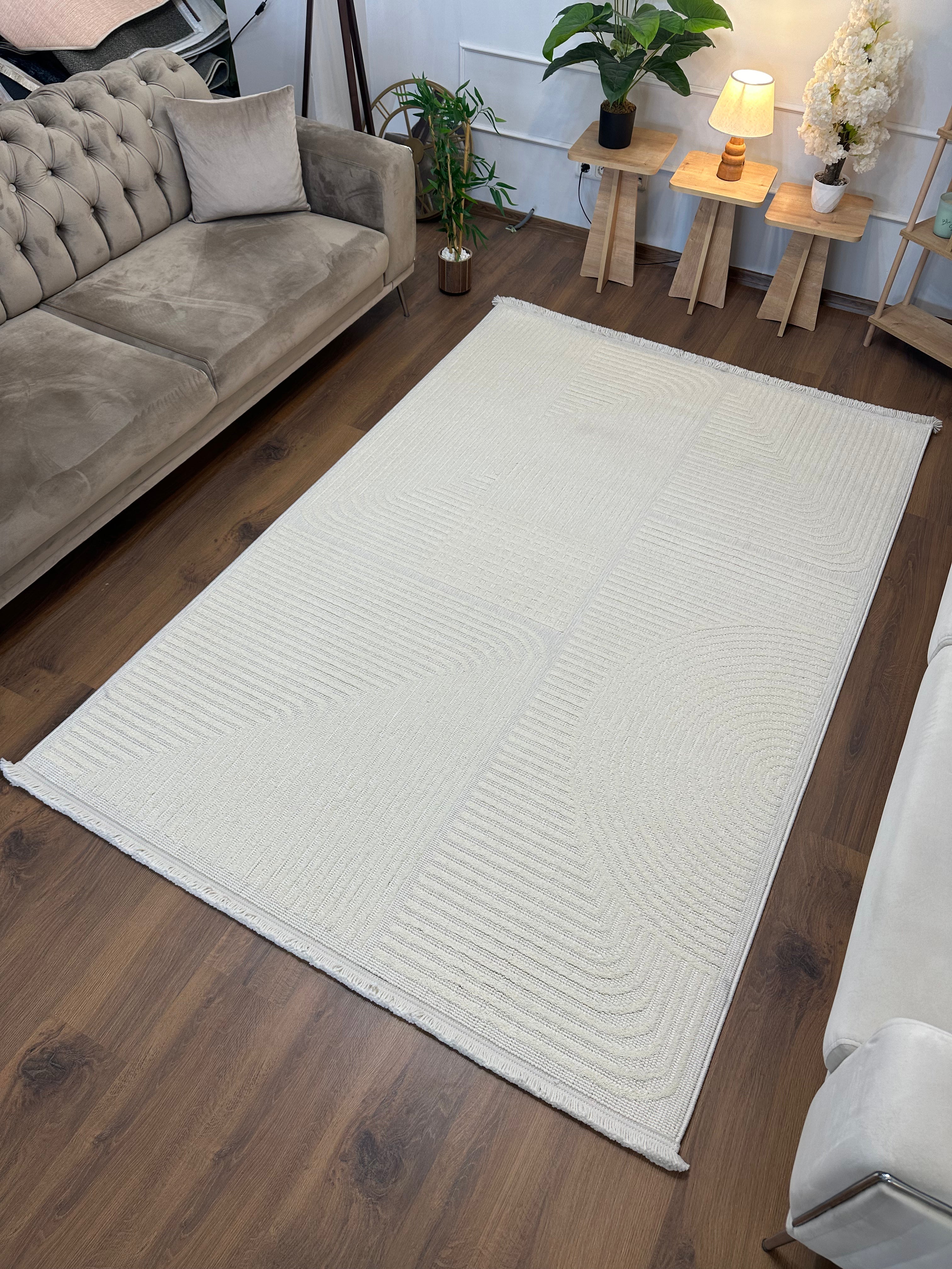 İCON T-LP04 KREM Kabartmalı Modern Geometrik Desenli Salon Halısı