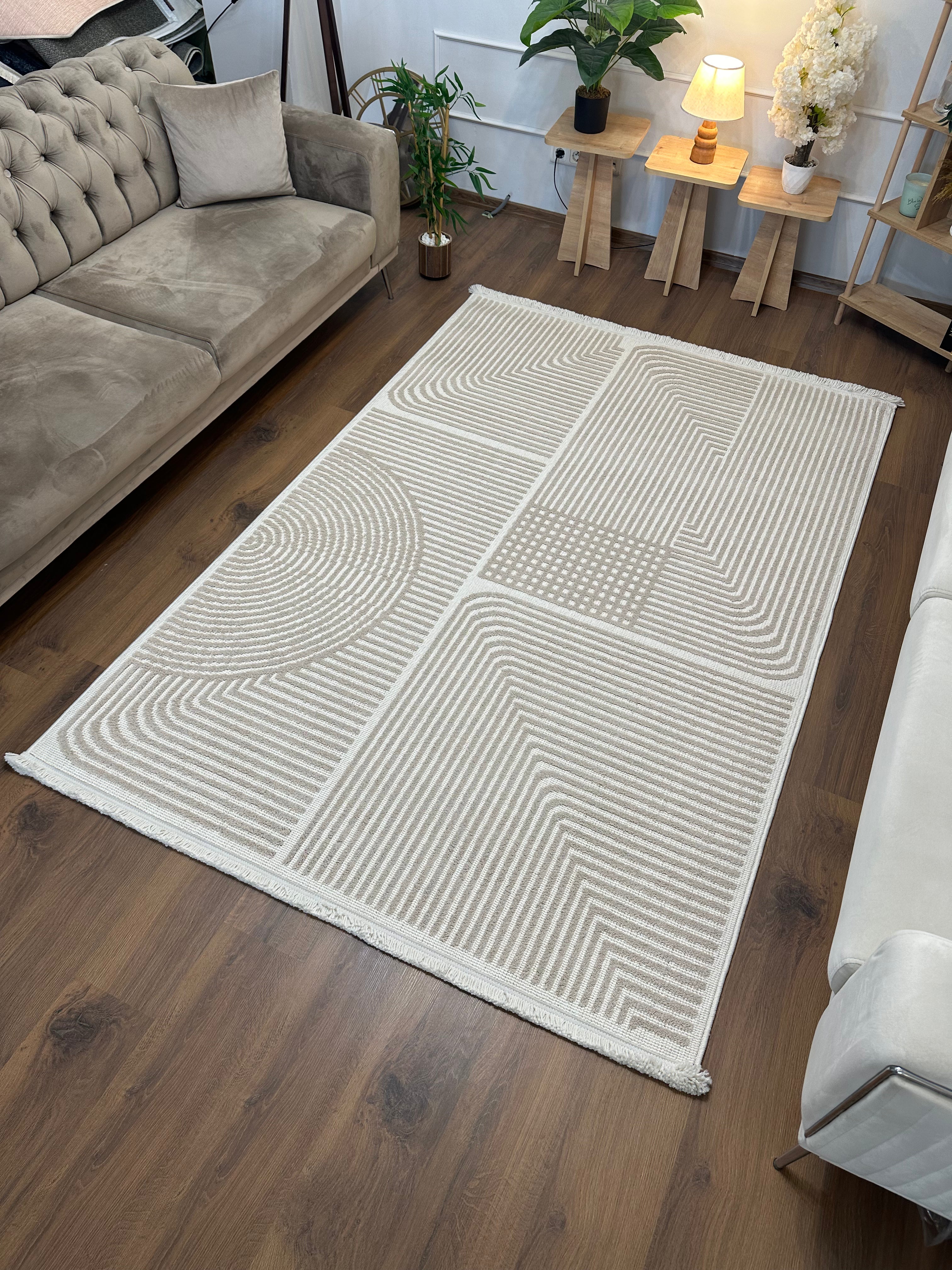 İCON T-LP03 BEJ Kabartmalı Modern Geometrik Desenli Salon Halısı