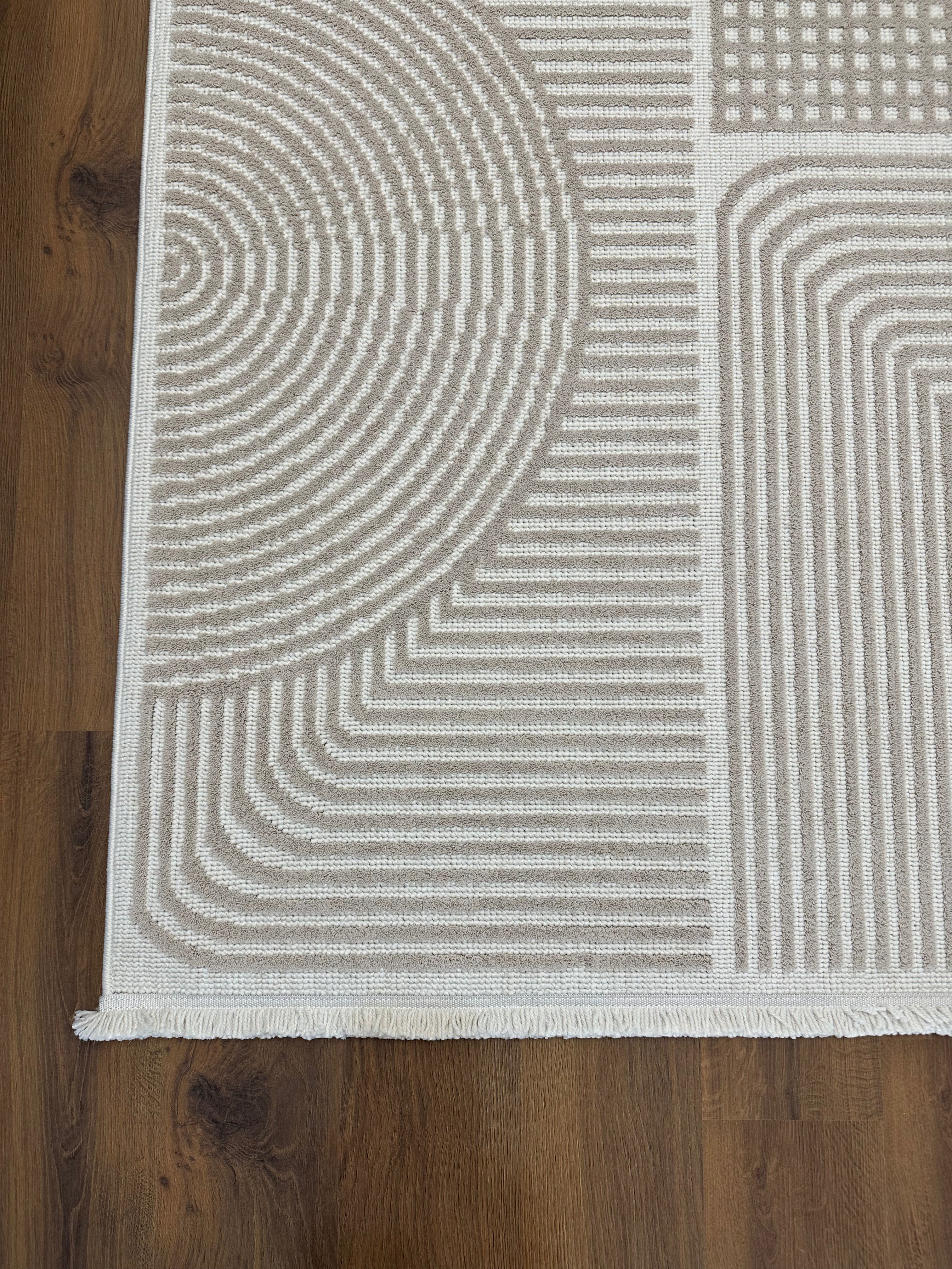 İCON T-LP03 BEJ Kabartmalı Modern Geometrik Desenli Salon Halısı