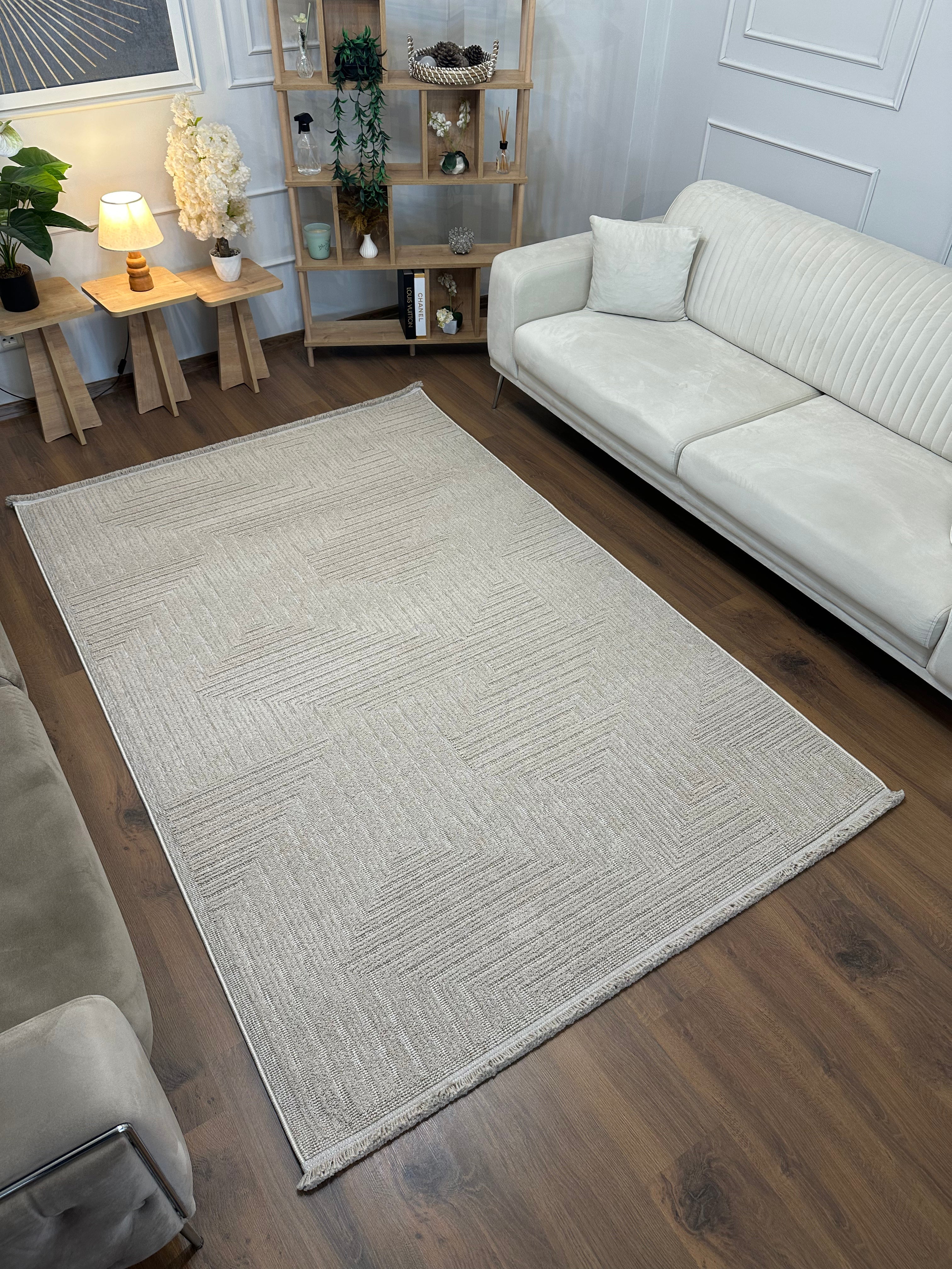 İCON T-LP06 BEJ Kabartmalı Modern Geometrik Desenli Salon Halısı