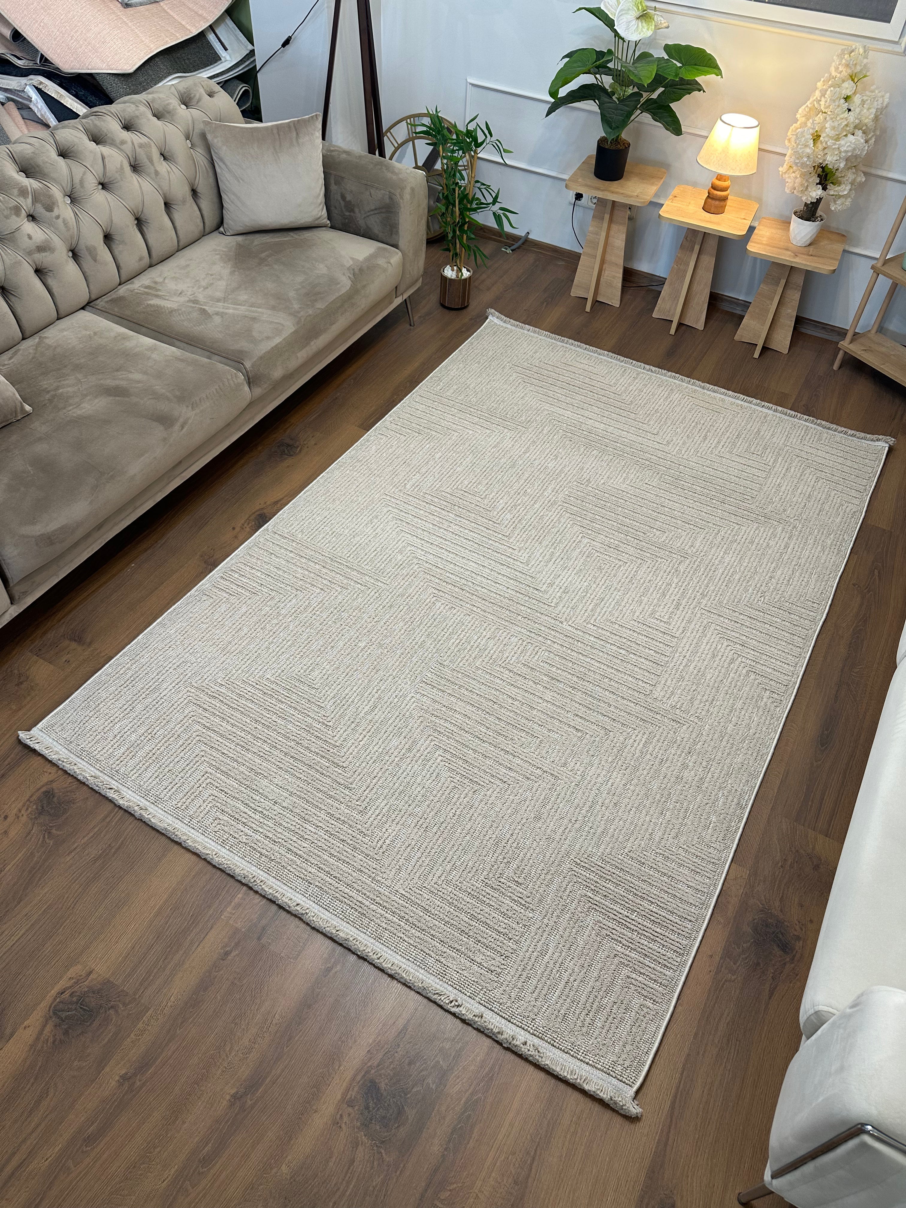 İCON T-LP06 BEJ Kabartmalı Modern Geometrik Desenli Salon Halısı