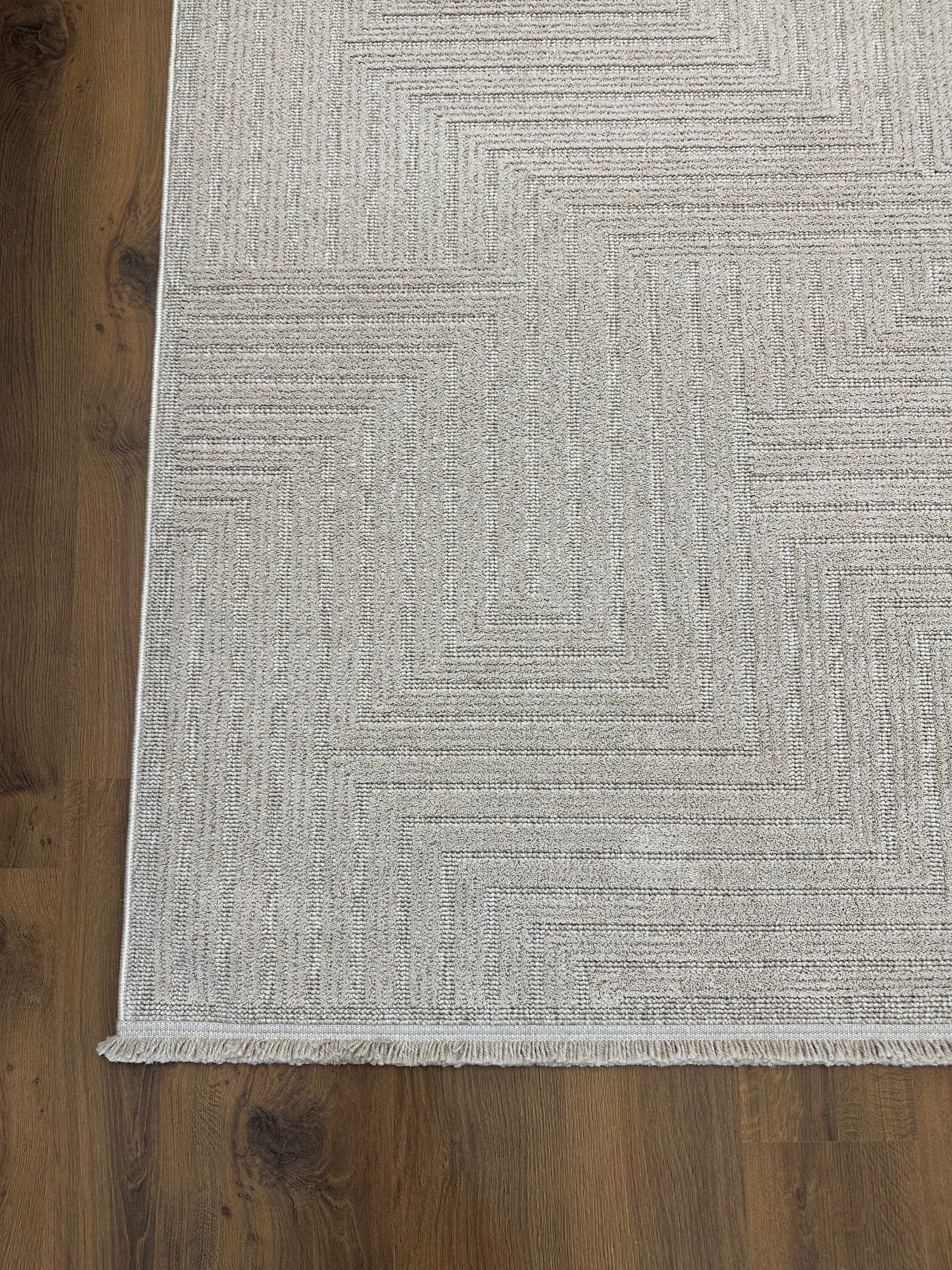İCON T-LP06 BEJ Kabartmalı Modern Geometrik Desenli Salon Halısı