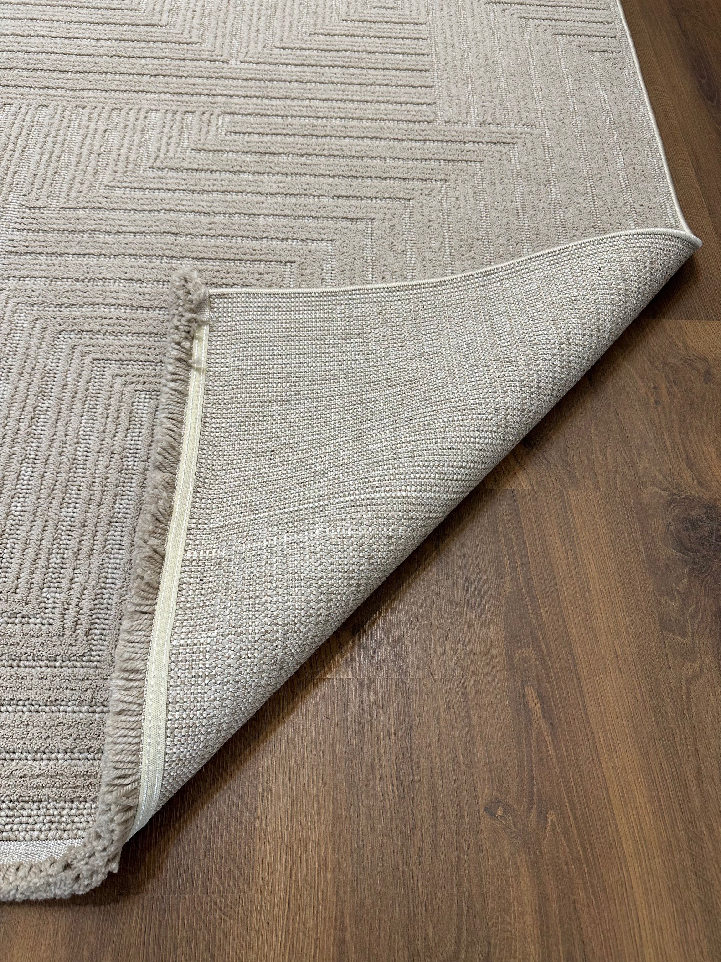 İCON T-LP06 BEJ Kabartmalı Modern Geometrik Desenli Salon Halısı