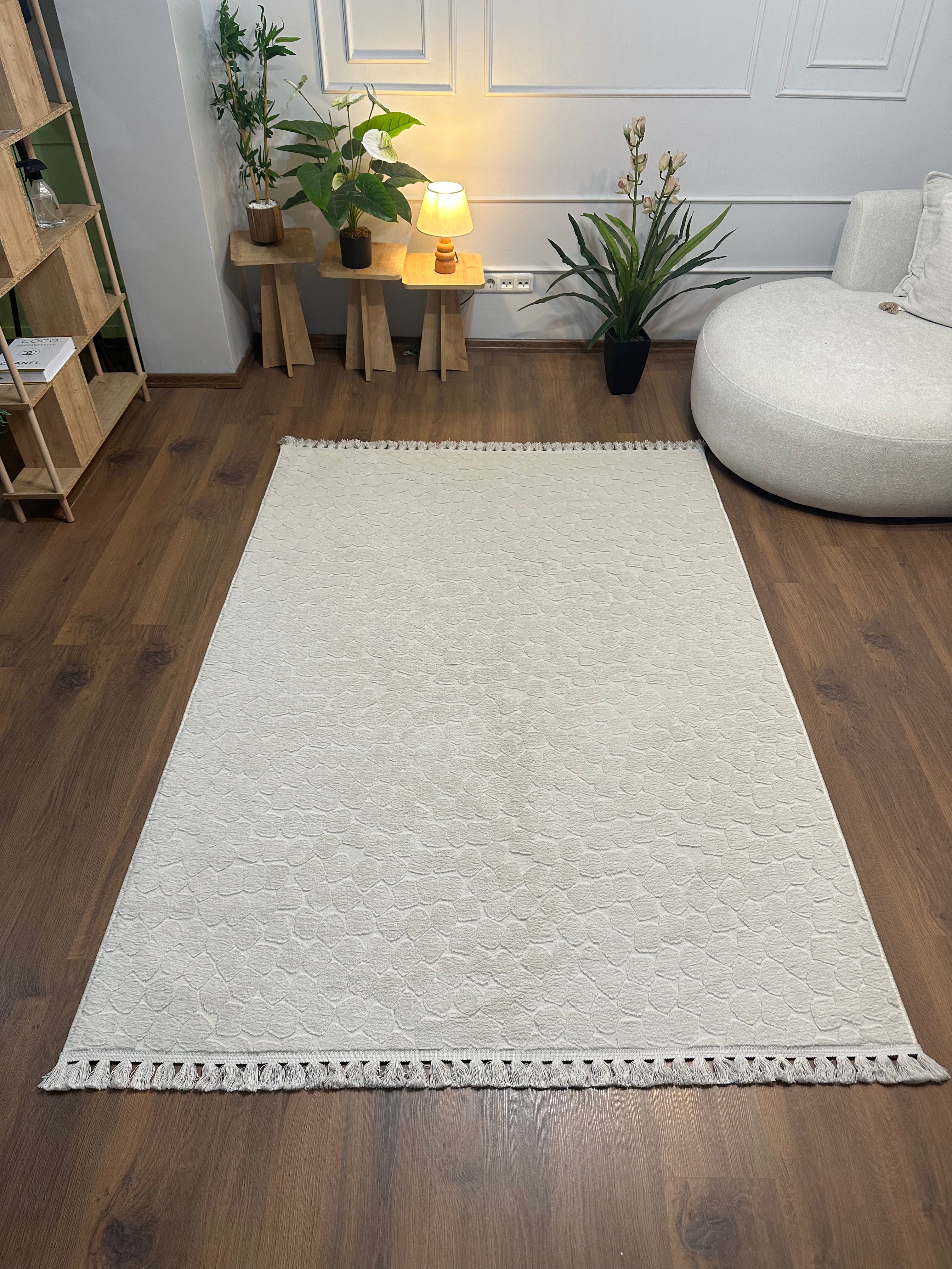 TAVŞAN TAŞ DESEN - BEJ KAYMAZ TABAN PUFFY SHAGGY YATAK ODASI HALISI