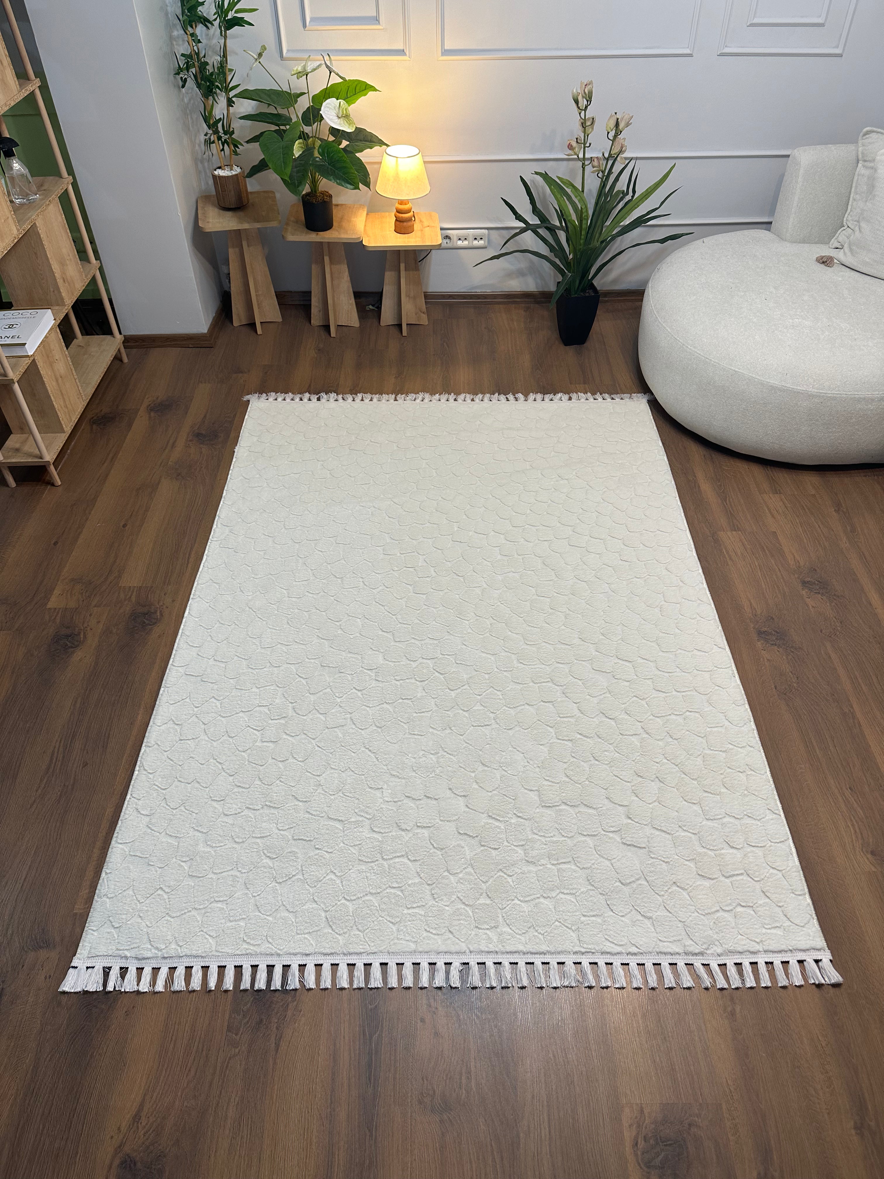 TAVŞAN TAŞ DESEN - KREM KAYMAZ TABAN PUFFY SHAGGY YATAK ODASI HALISI