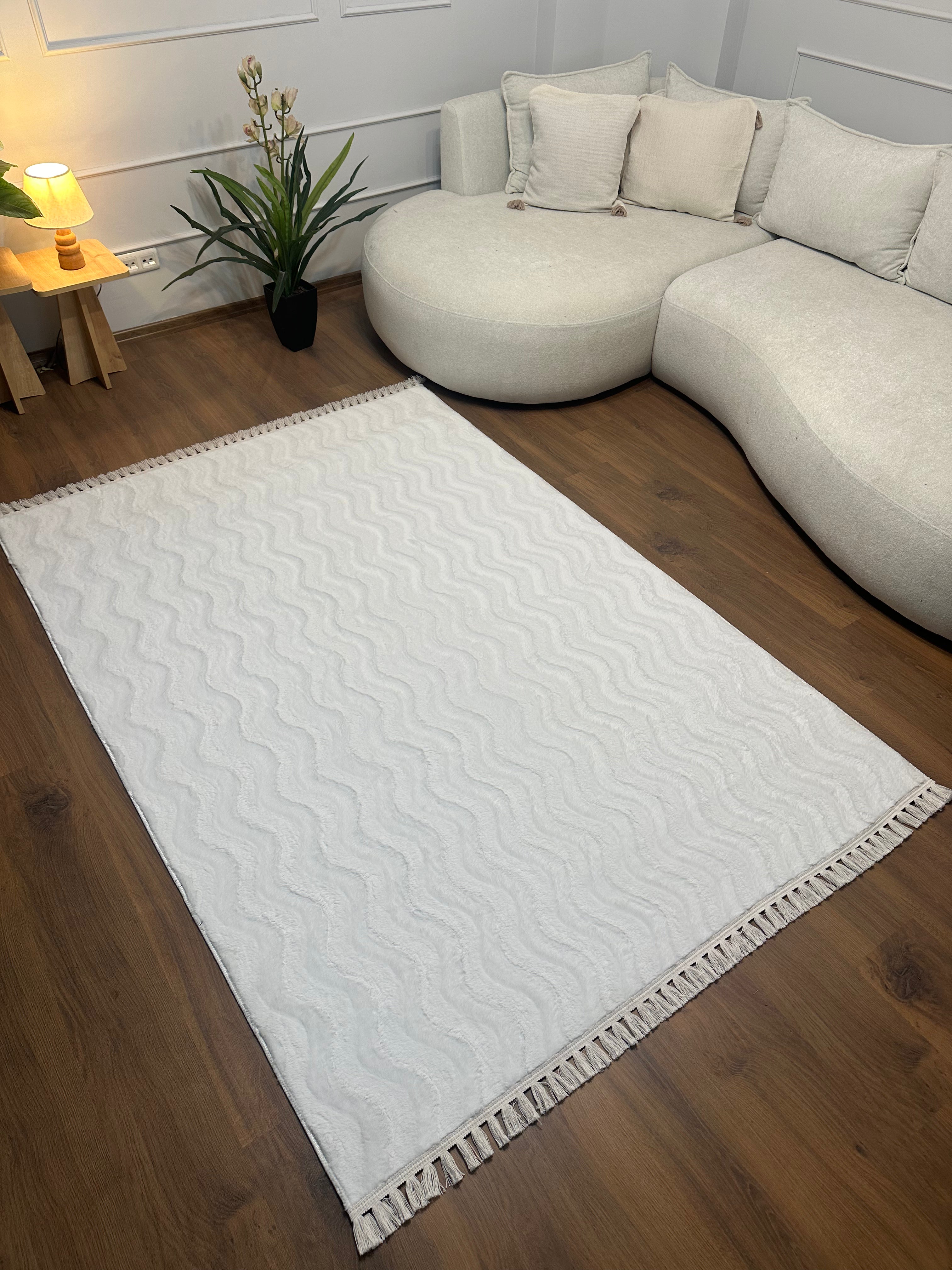 TAVŞAN WAVY - BEYAZ KAYMAZ TABAN PUFFY SHAGGY YATAK ODASI HALISI