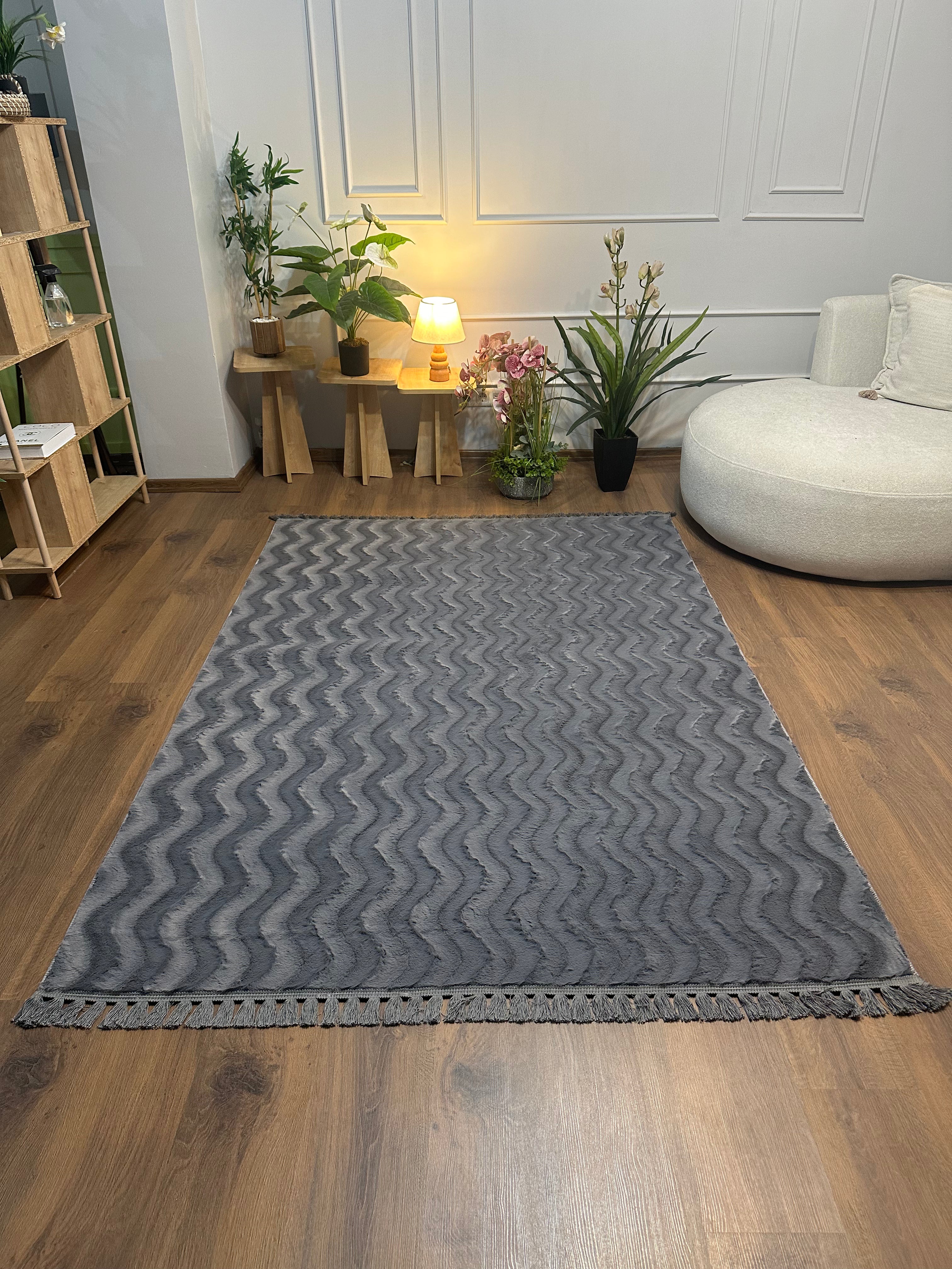 TAVŞAN WAVY - ANTRASİT KAYMAZ TABAN PUFFY SHAGGY YATAK ODASI HALISI