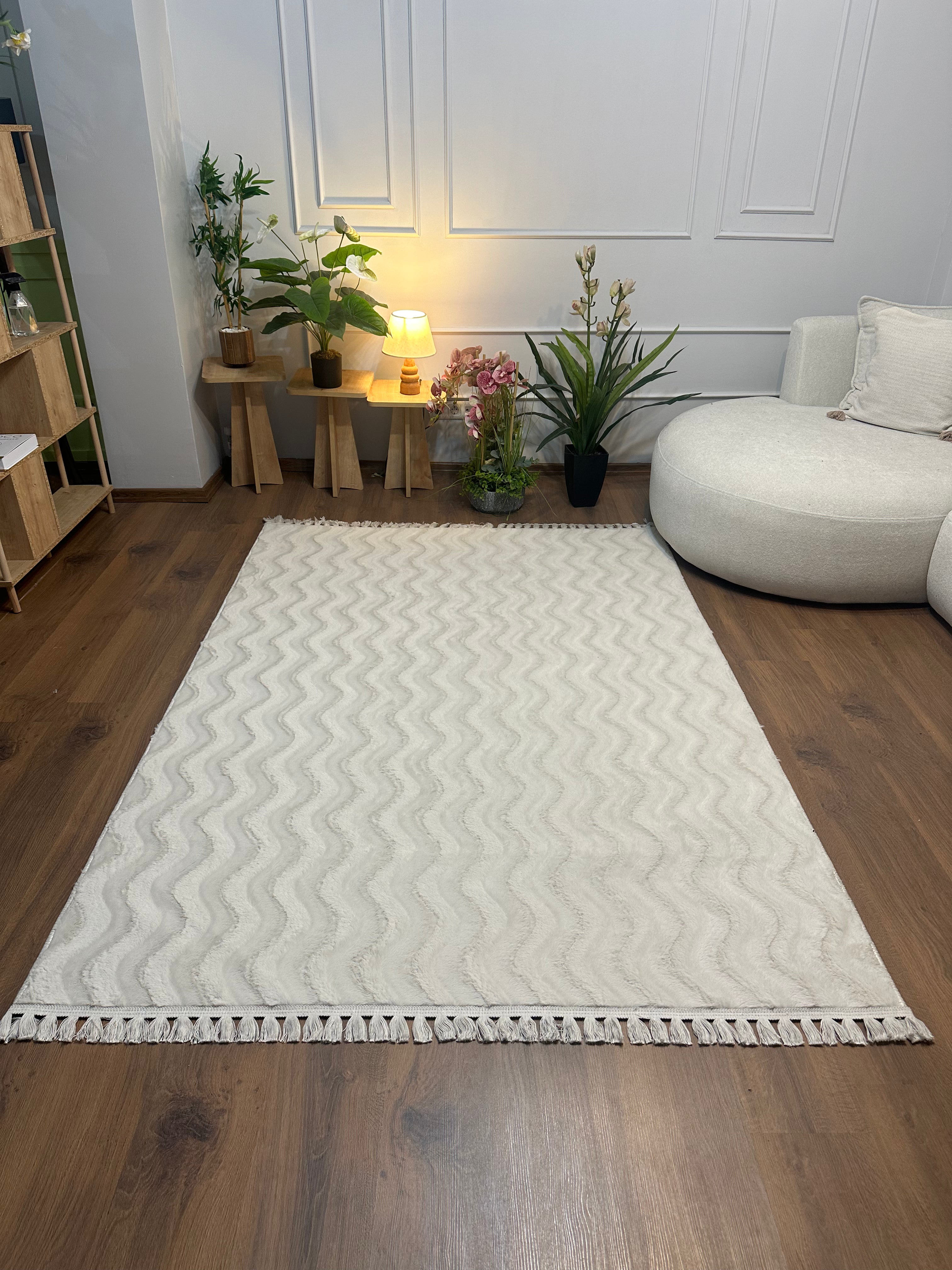 TAVŞAN WAVY - KREM KAYMAZ TABAN PUFFY SHAGGY YATAK ODASI HALISI