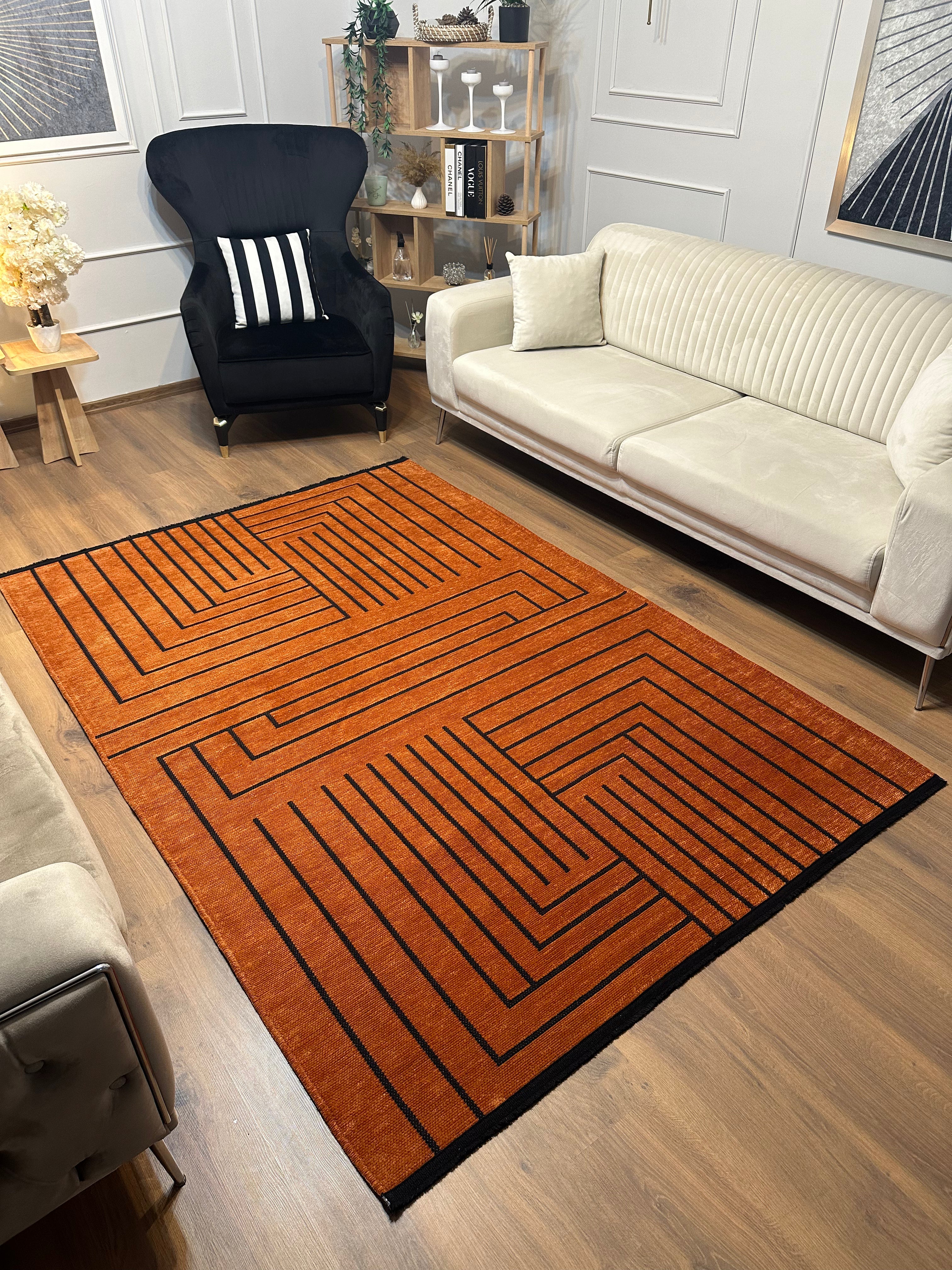ŞÖNİL LİNE Kaymaz Taban İskandinav Desenli Salon Koridor Mutfak Şönil Kilim Dokuma Halı-KİREMİT