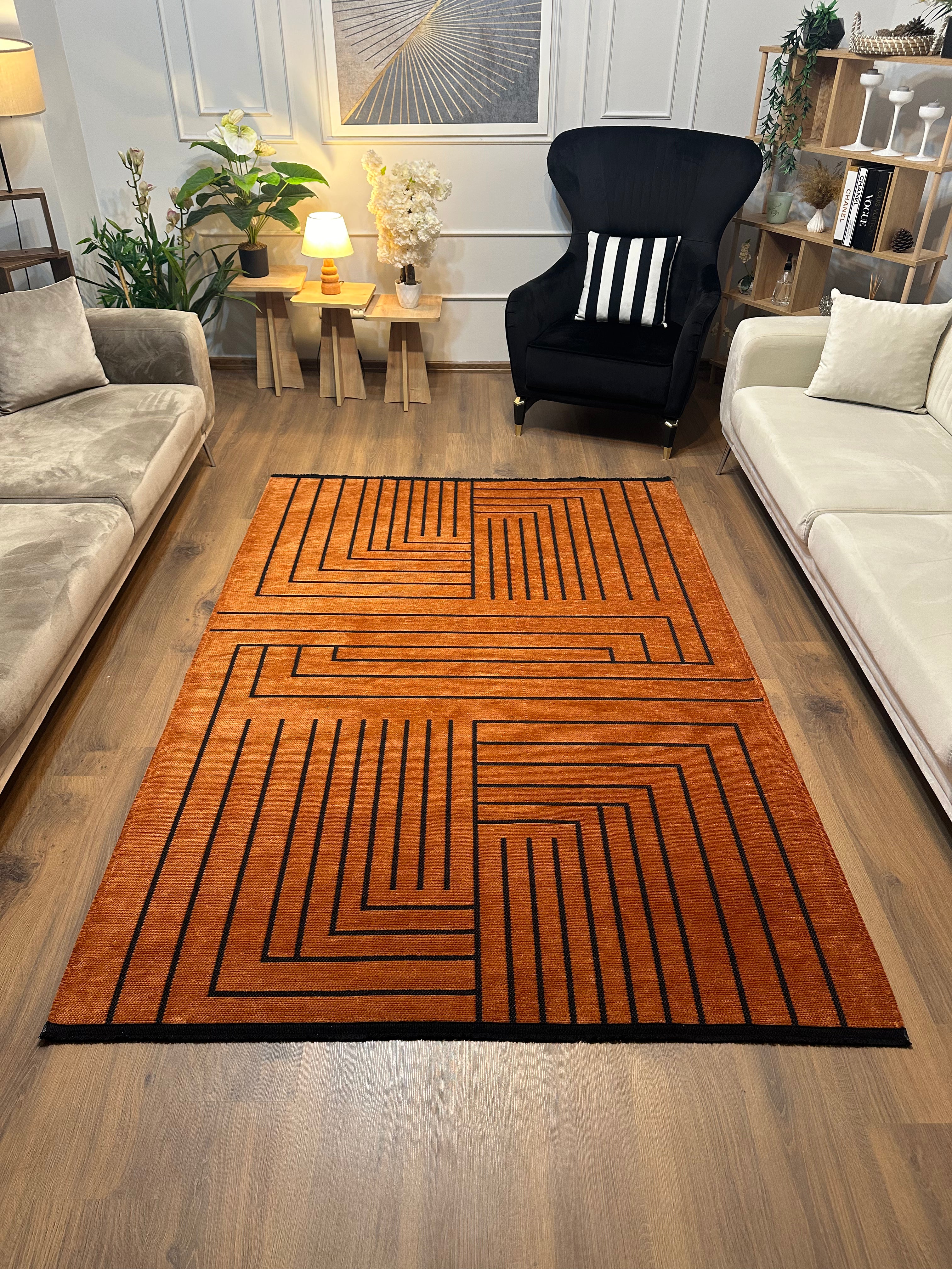 ŞÖNİL LİNE Kaymaz Taban İskandinav Desenli Salon Koridor Mutfak Şönil Kilim Dokuma Halı-KİREMİT