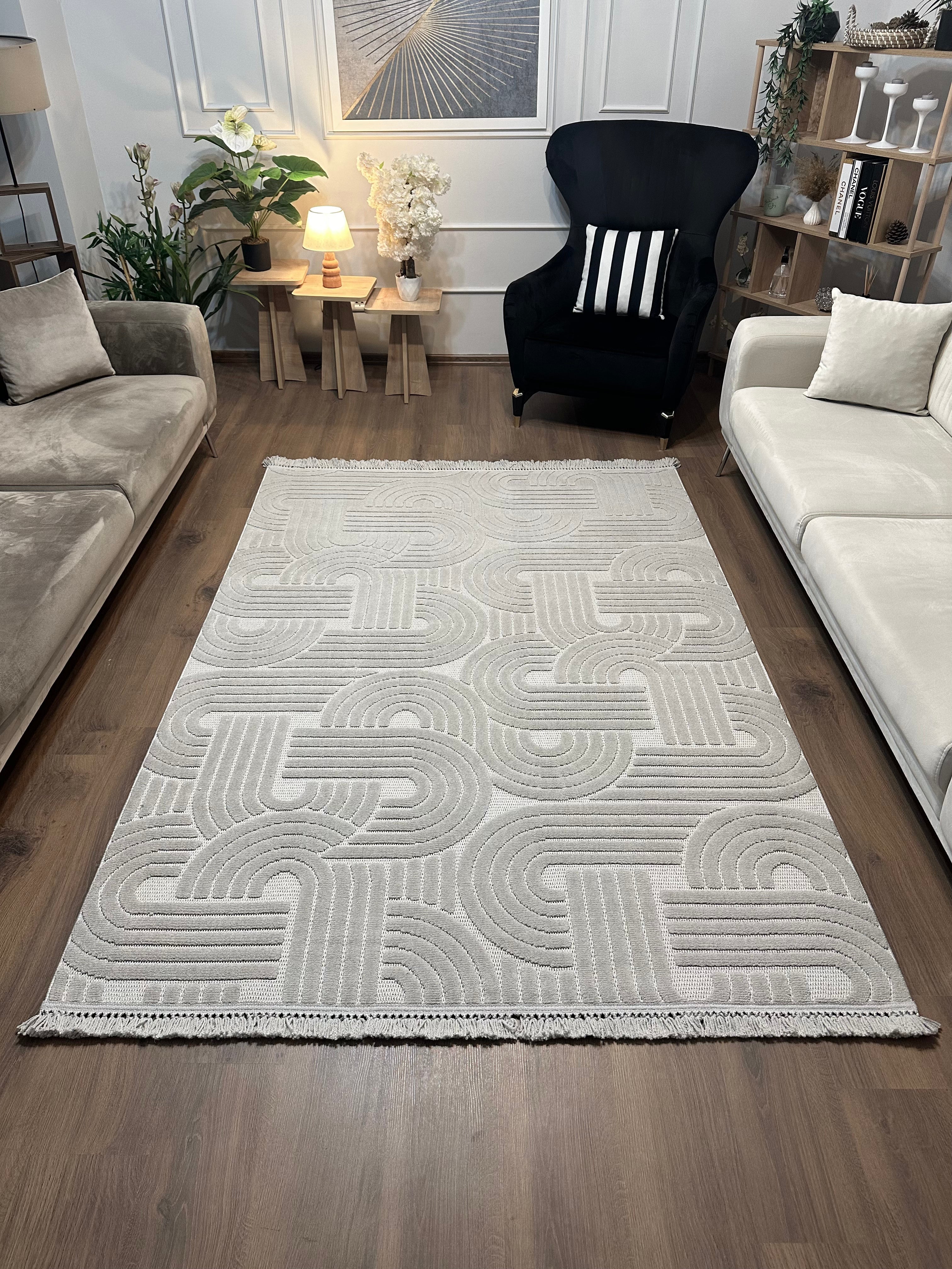 MİLAS C42-GRİ Kabartmalı Kaymaz Taban Modern Geometrik Desenli Salon Koridor Mutfak Halısı