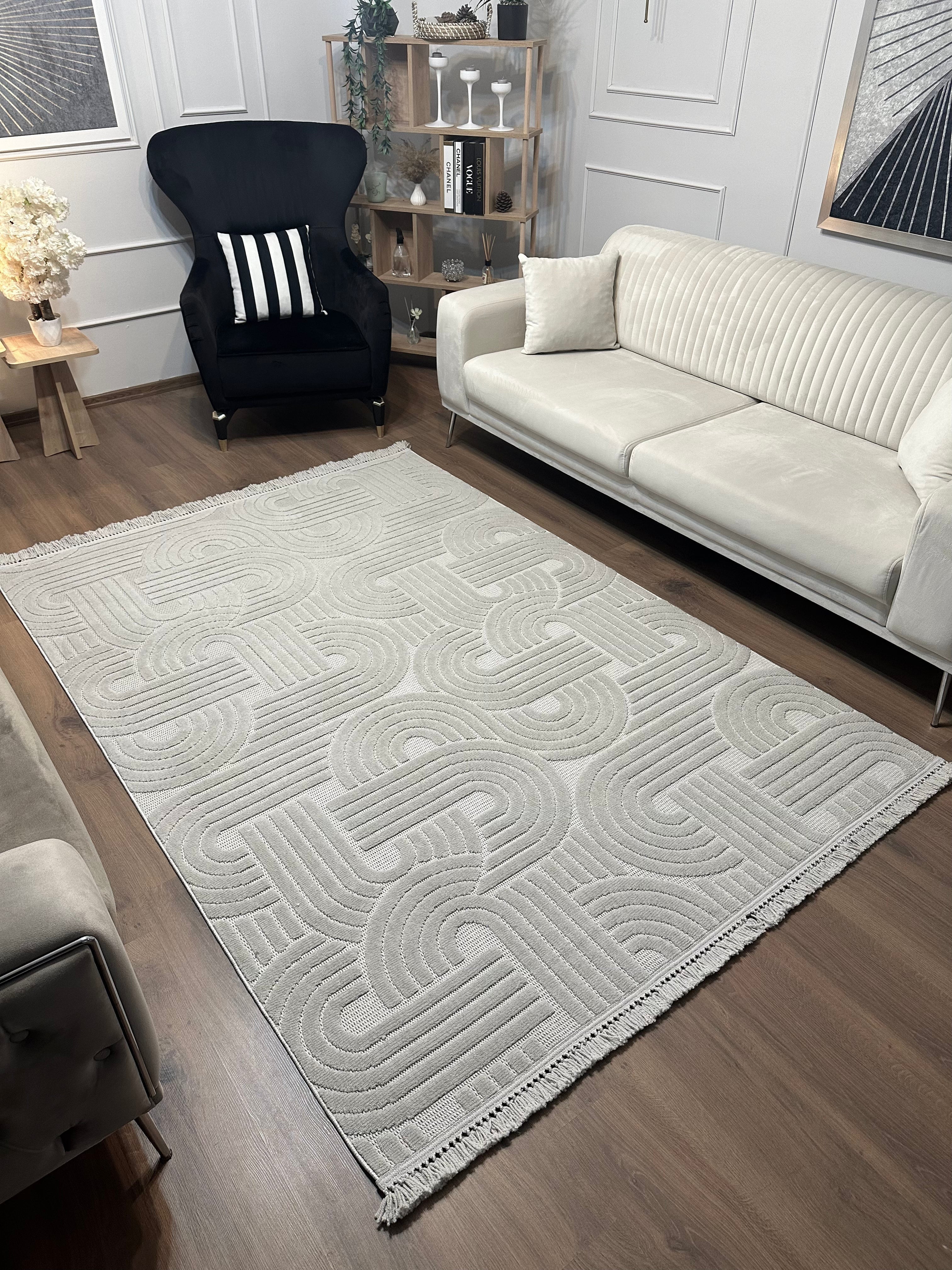 MİLAS C42-GRİ Kabartmalı Kaymaz Taban Modern Geometrik Desenli Salon Koridor Mutfak Halısı