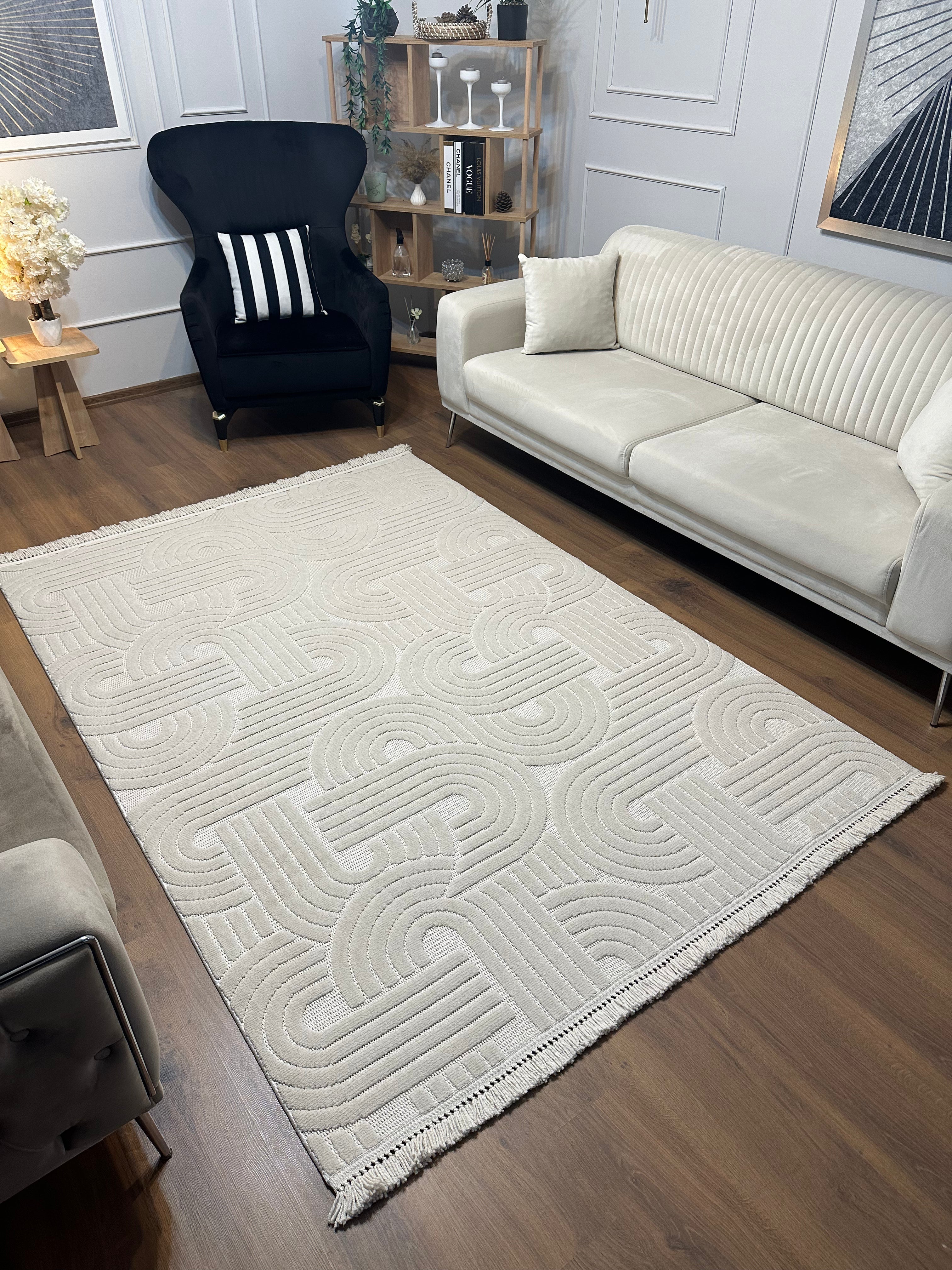 MİLAS C40-KREM Kabartmalı Kaymaz Taban Geometrik Desenli Salon Halısı