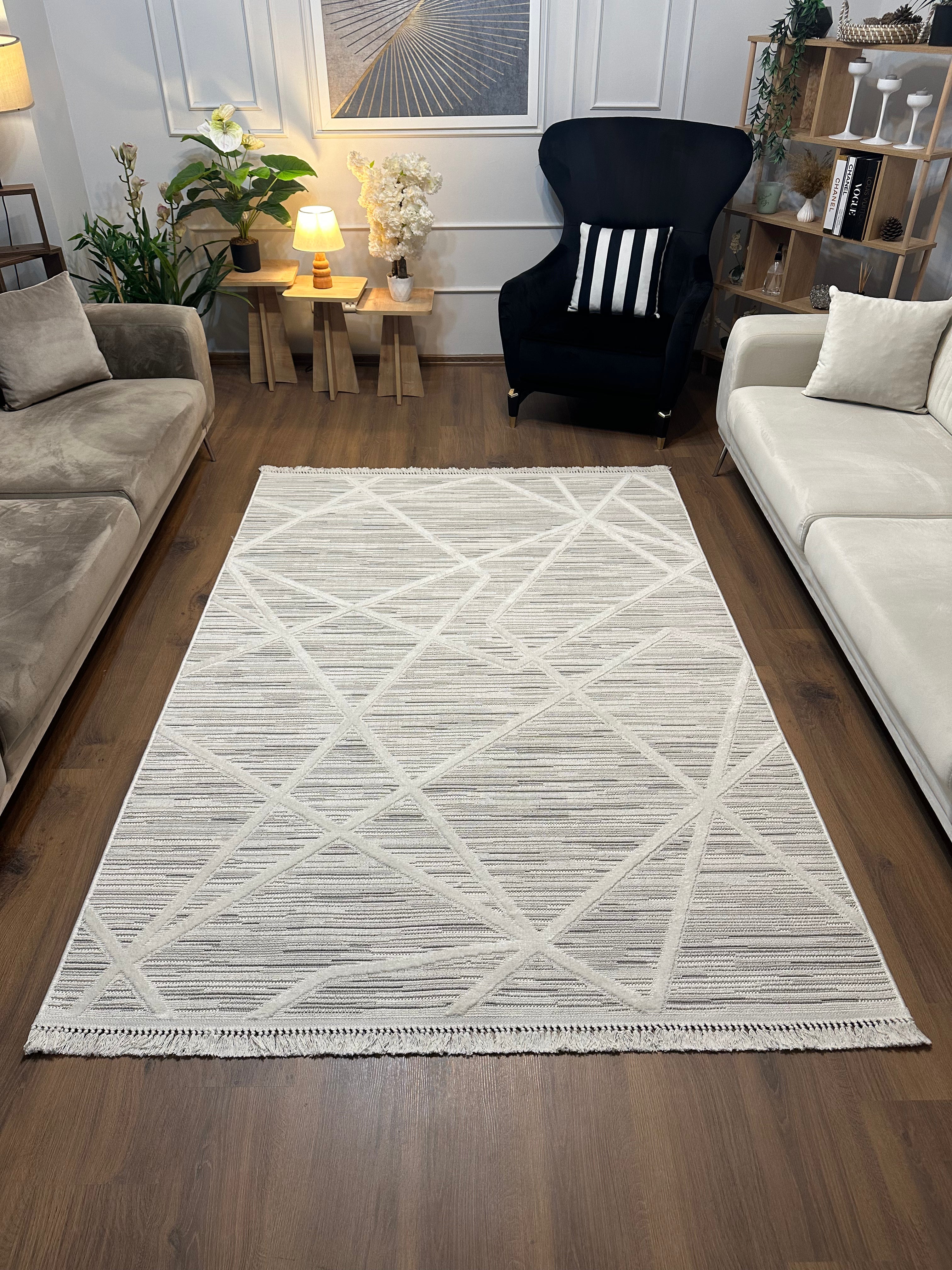İCON T-PE04-KREM Kabartmalı Modern Geometrik Desenli Salon Halısı