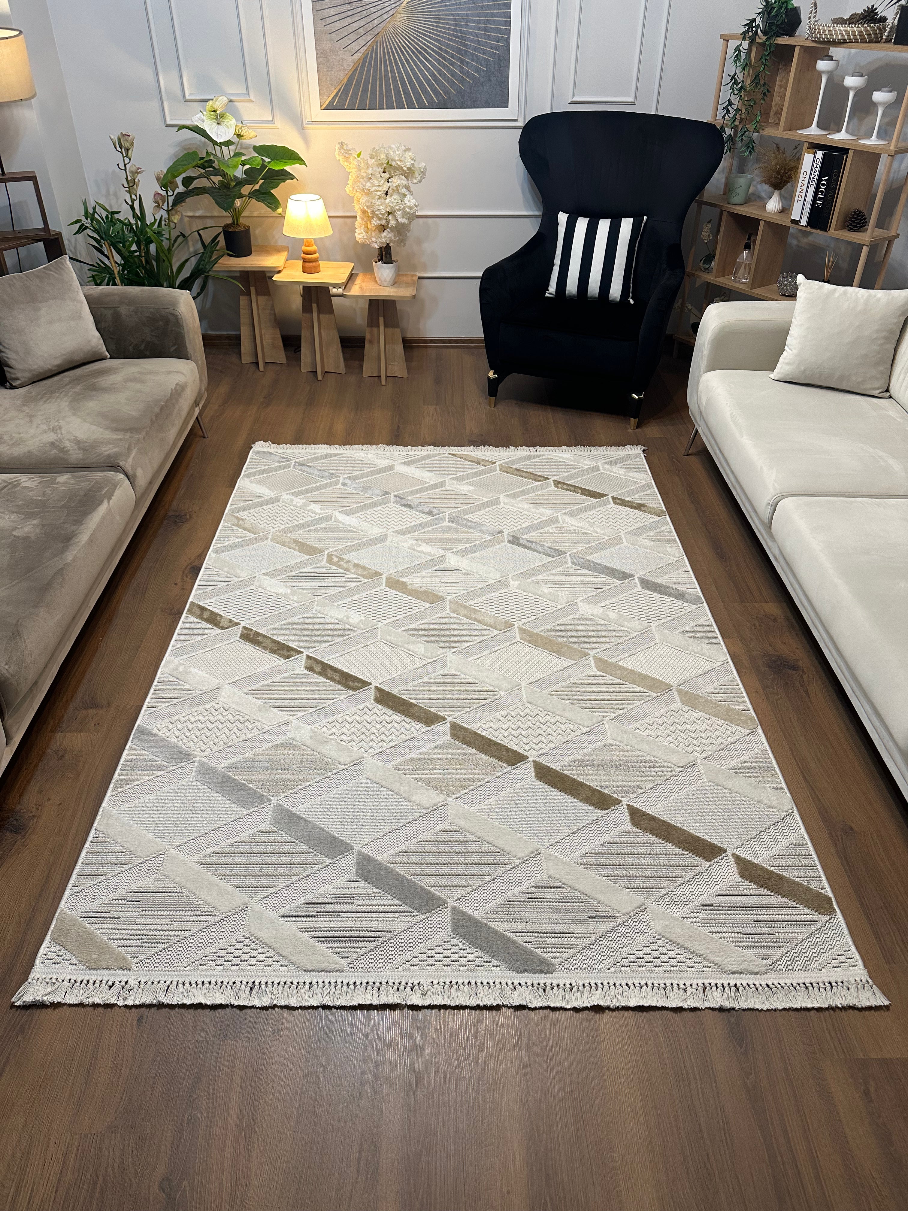 İCON T-PE01-KREM Kabartmalı Modern Geometrik Desenli Salon Halısı