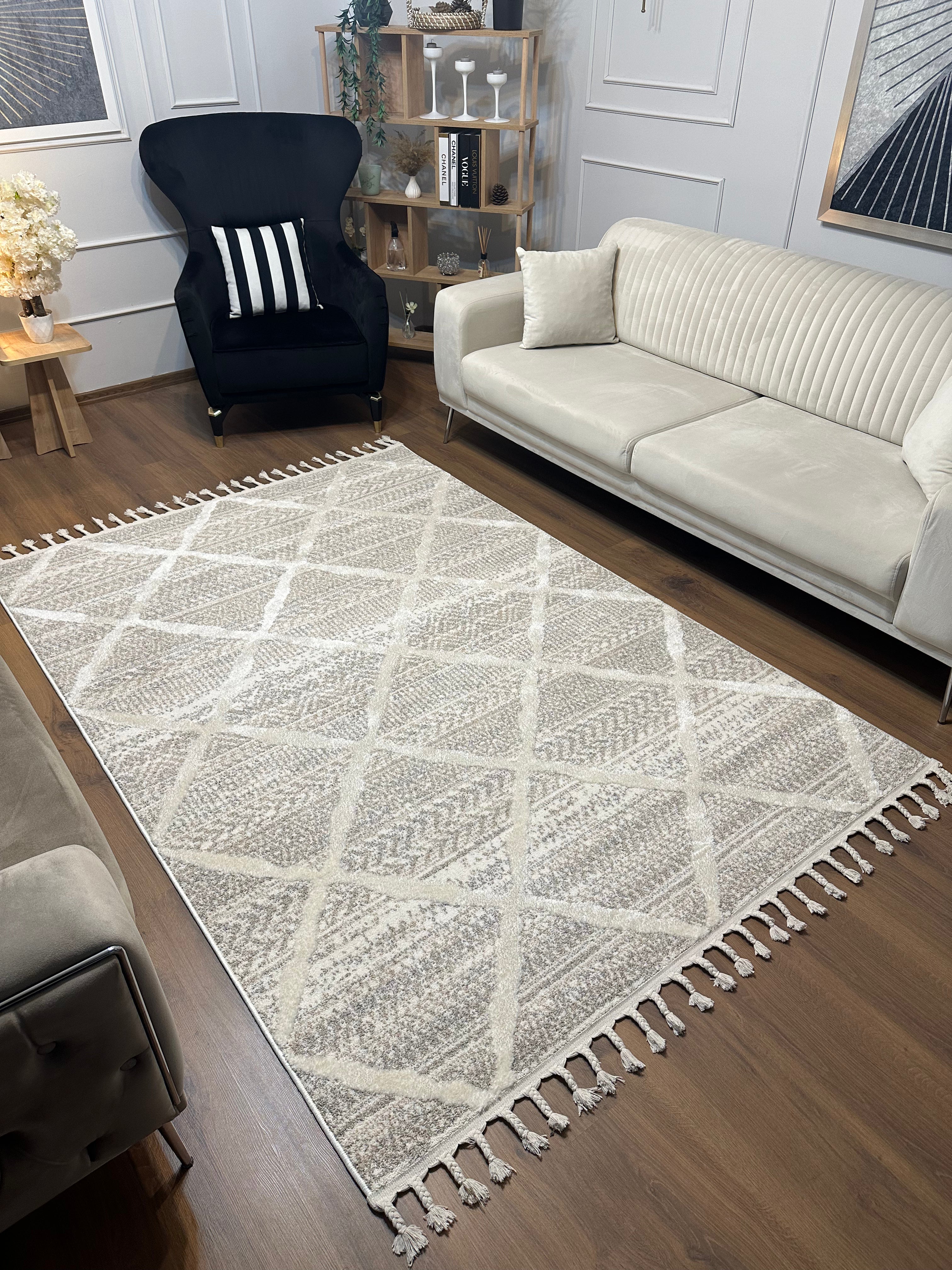 PALERMO A-10692 KREM Kabartmalı Modern Desenli Salon Halısı