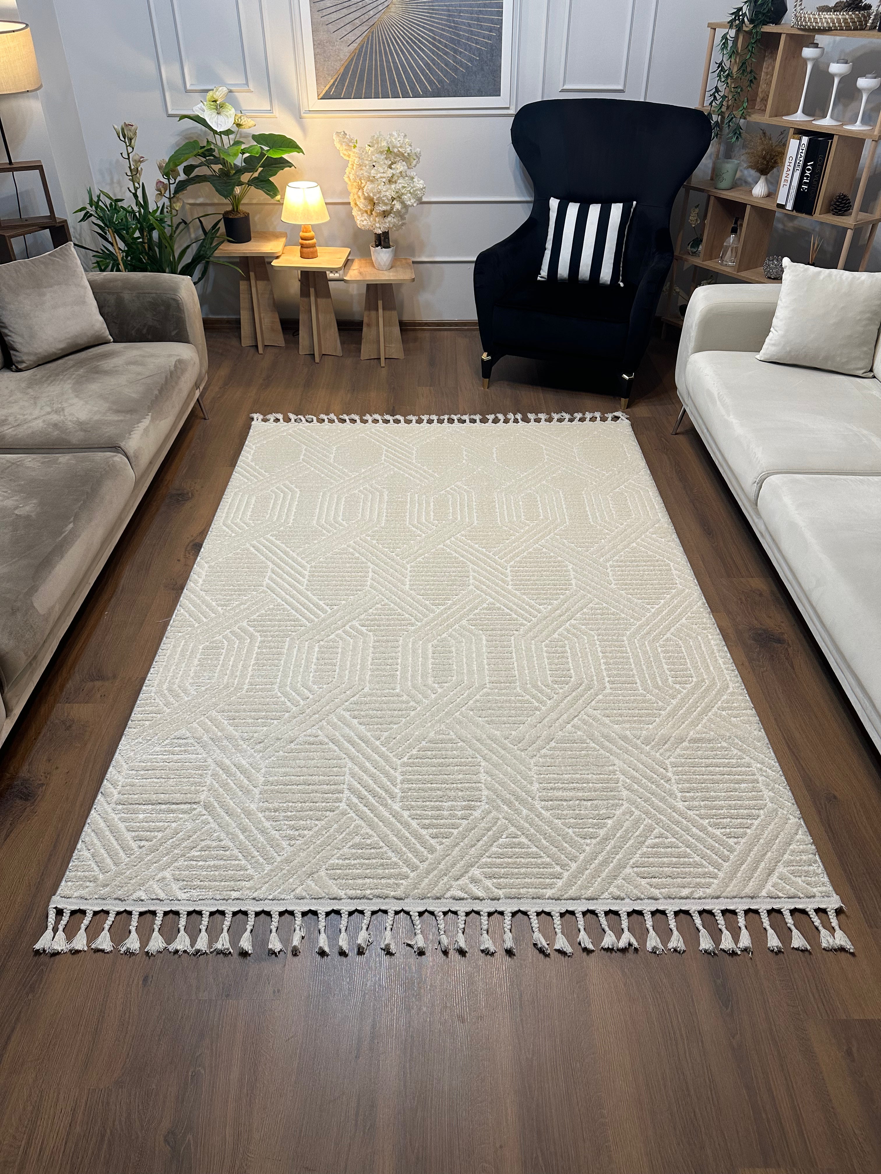 PALERMO A-10502 KREM Kabartmalı Modern Desenli Salon Halısı