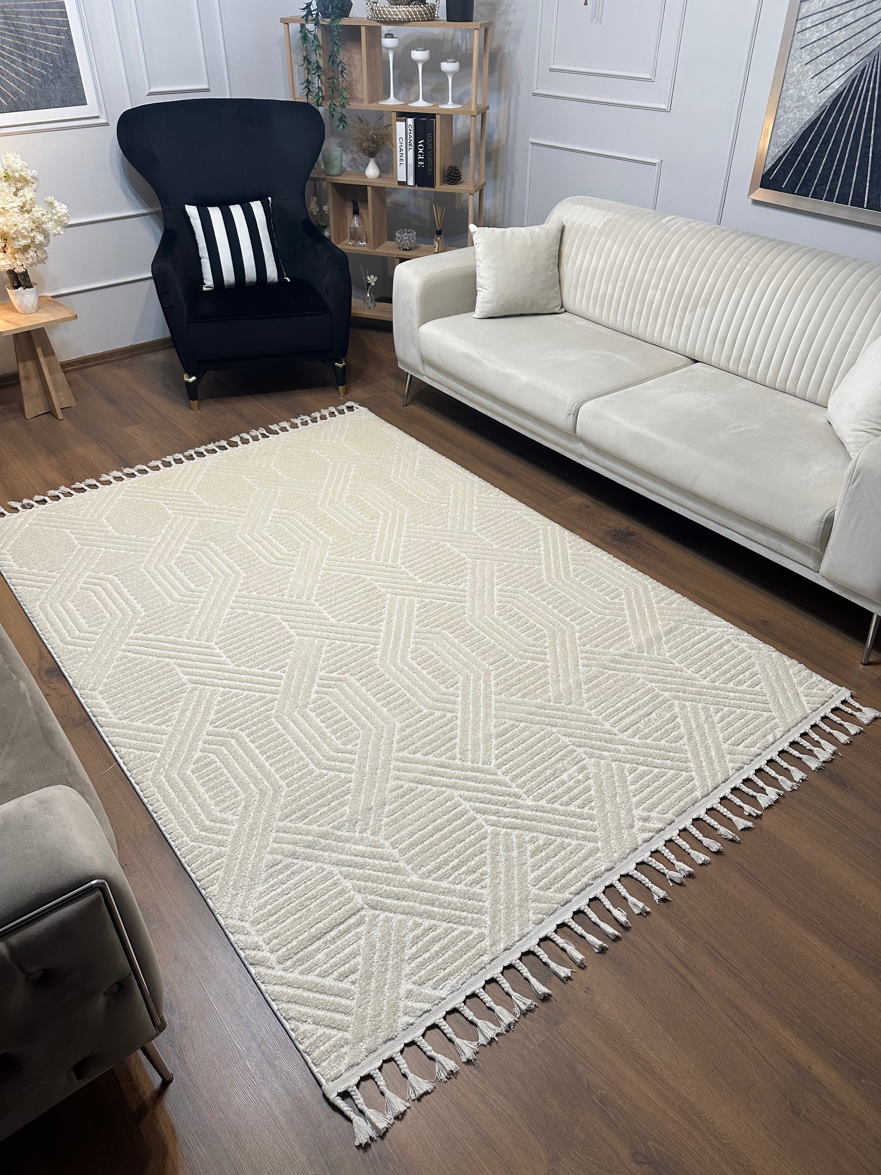 PALERMO A-10502 KREM Kabartmalı Modern Desenli Salon Halısı