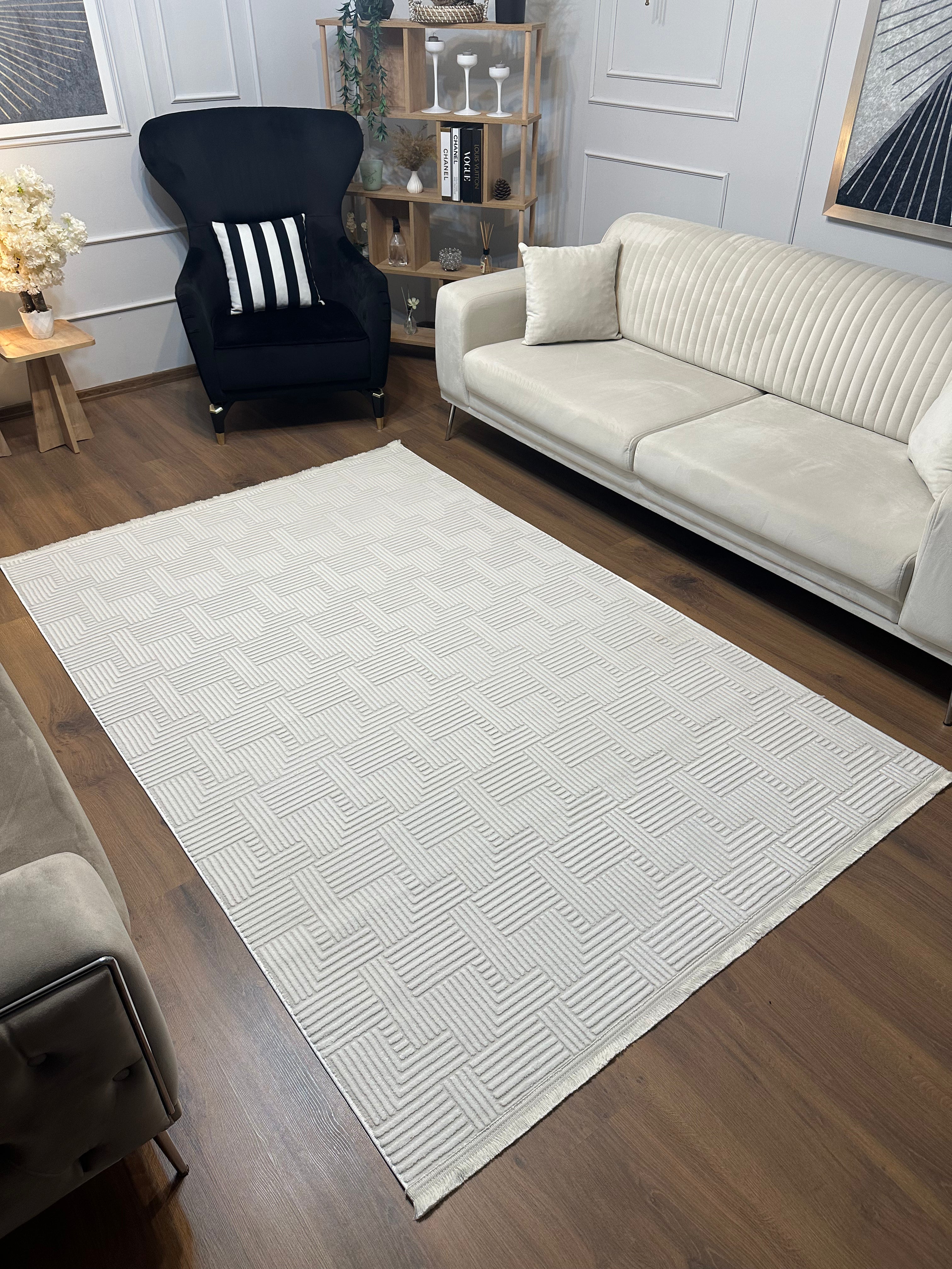 SÜMER A-2002 KREM Kaymaz Taban Sentetik Bambu Geometrik Desenli Parlak Saten Salon Koridor Mutfak Halısı